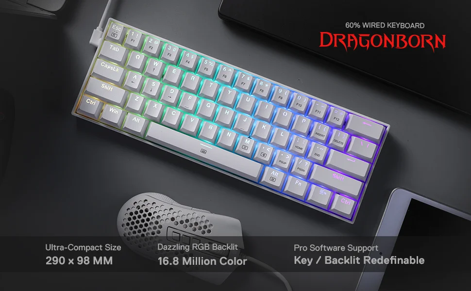 كيبورد ألعاب ميكانيكي Redragon K630 Dragonborn RGB سلكي 60%، 61 مفتاح، سويتش أحمر خطي، أبيض - Thumbnail 11