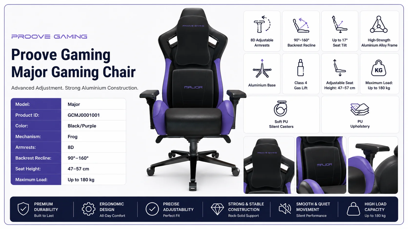 Proove Major Gaming Chair with 8D Adjustable Armrests - Black/Purple - Image 3