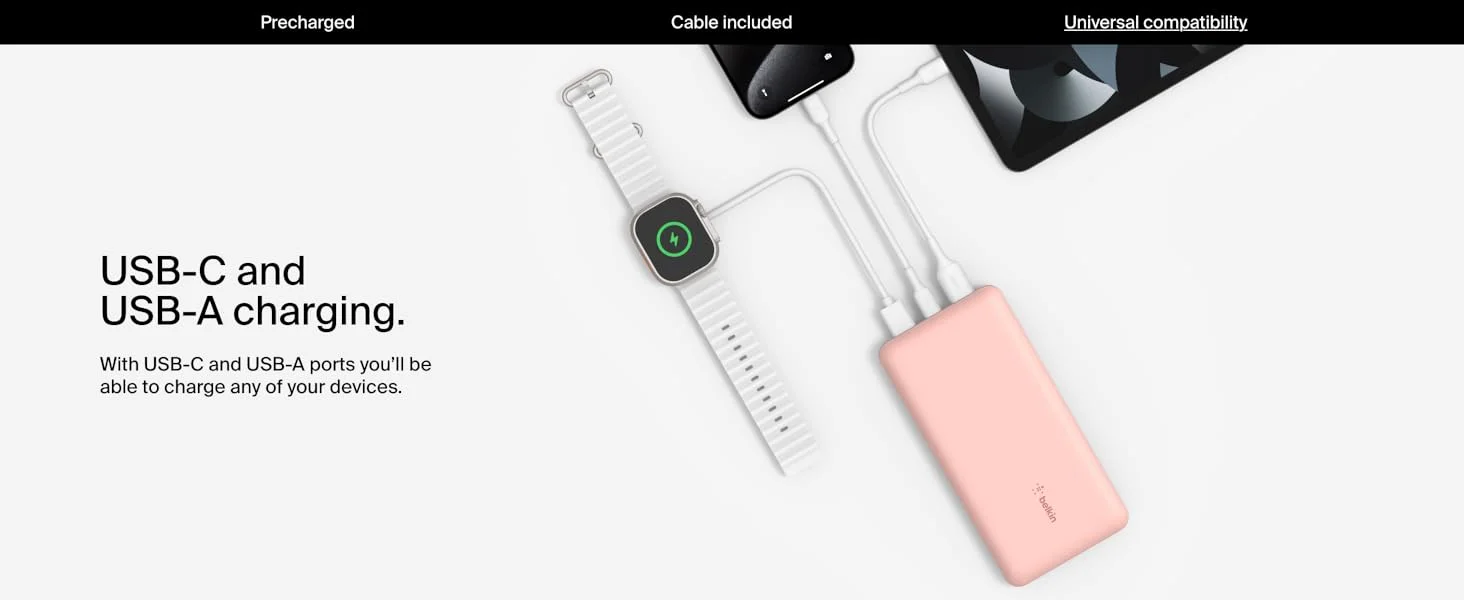 Belkin BoostCharge BPB012BTRG 20,000mAh 15W USB-C Power Bank with 2 USB-A Ports - Pink - Thumbnail 11