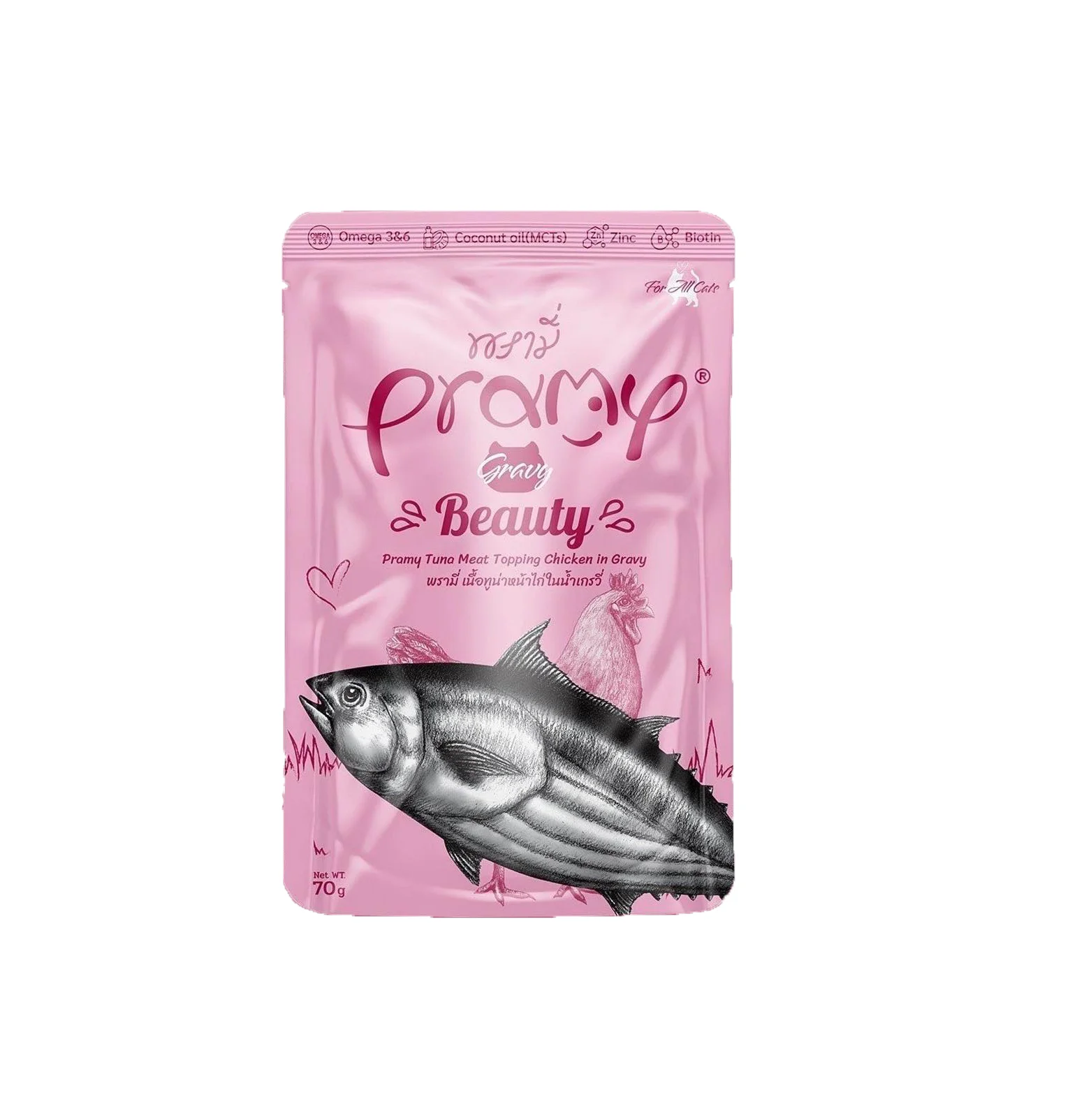 طعام رطب للقطط Pramy للعناية بالبشرة والفرو بالتونة والروبيان 70 غرام - Image 3