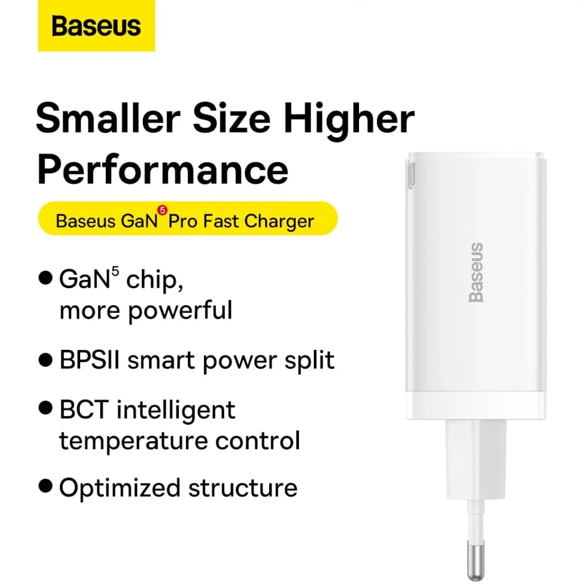 Baseus GaN5 Pro 65W GaN Wall Charger, 2 USB-C + USB-A, 1m 100W USB-C Cable - White - Thumbnail 7
