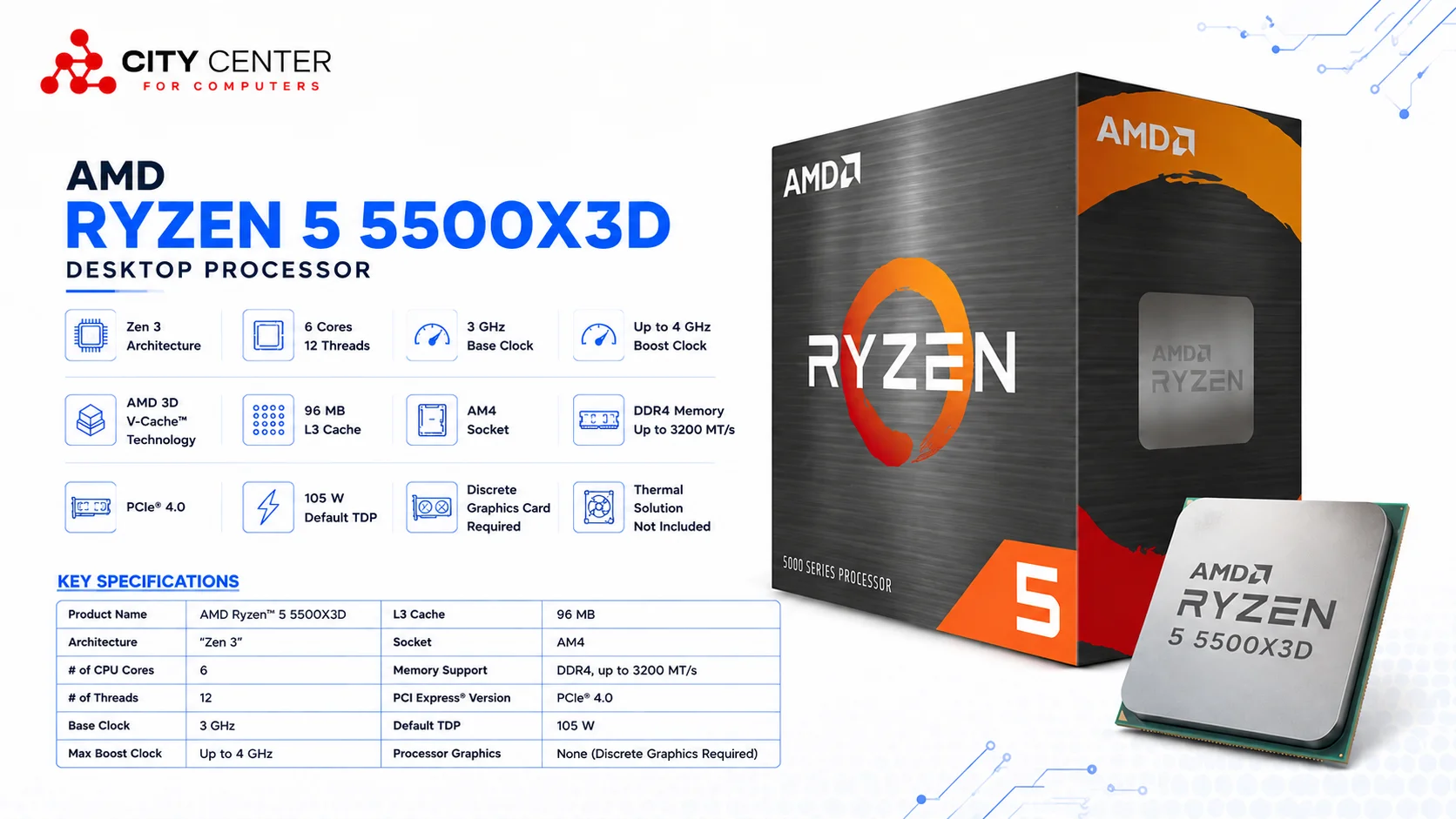 معالج AMD Ryzen 5 5500X3D مكتبي 6 أنوية 3.0 جيجاهرتز AM4 إصدار Tray - Thumbnail 3