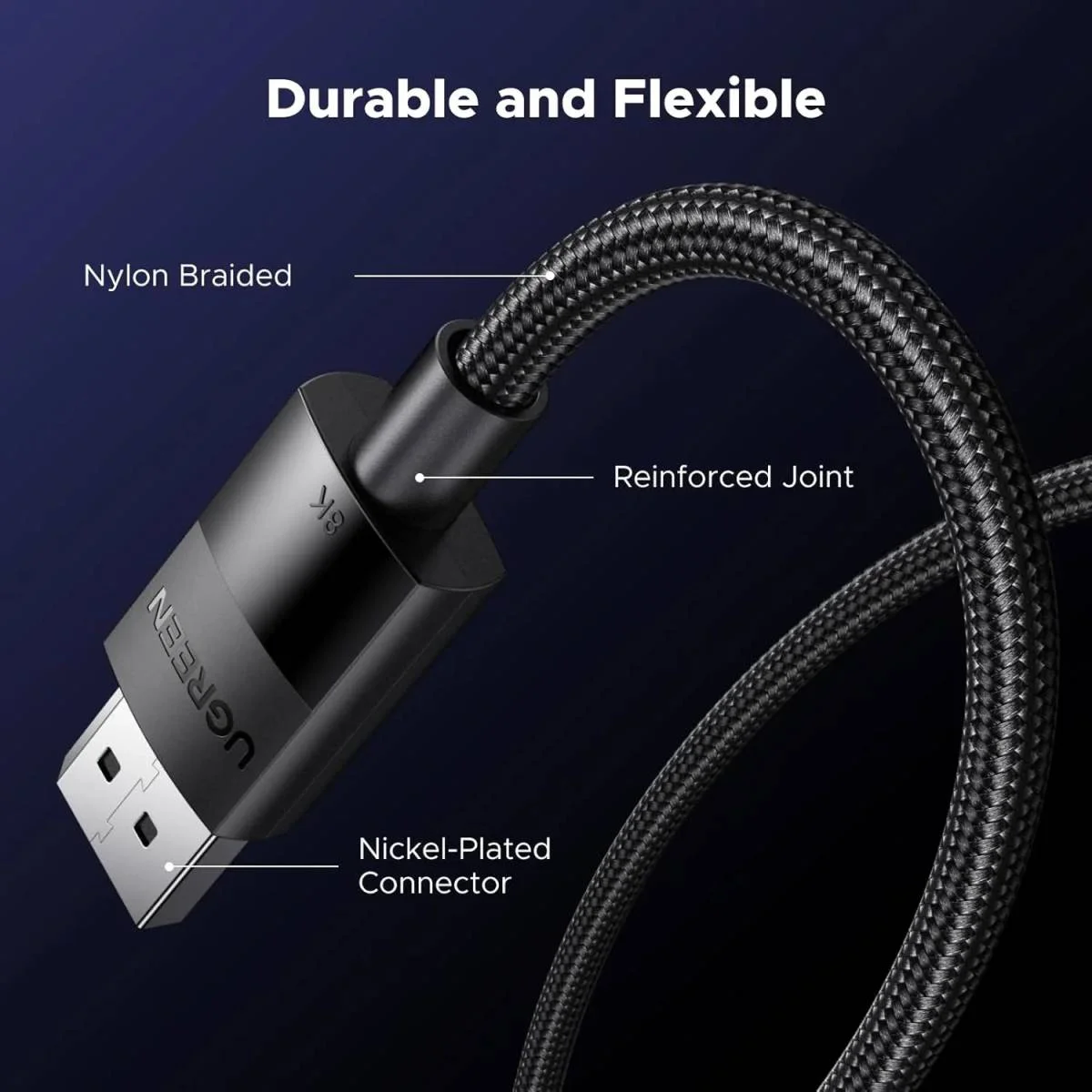 Ugreen 80394 DisplayPort 1.4 Gaming Cable 5m, 8K 60Hz, 4K 144Hz, Nylon Braided, Male to Male - Image 3