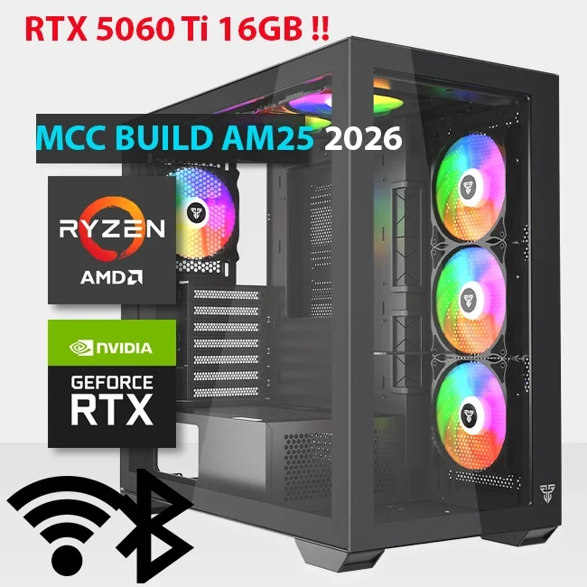 كمبيوتر ألعاب MCC AM25-26 MIDAS بمعالج Ryzen 7 7800X3D وبطاقة RTX 5060 Ti 16GB ورام 32GB وSSD 1TB