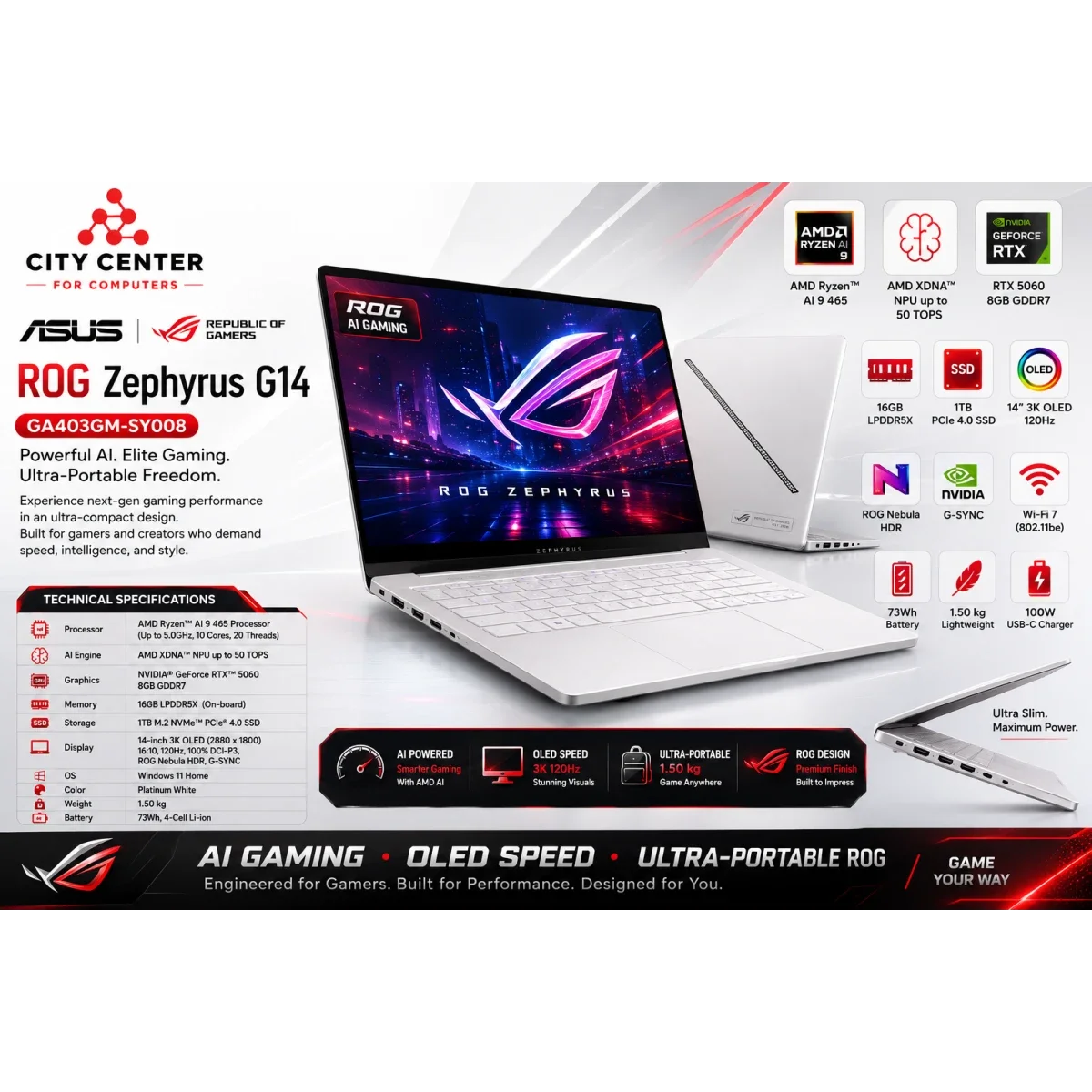 Asus ROG Zephyrus G14 GA403GM-SY008 Gaming Laptop Ryzen AI 9 465 RTX 5060 16GB 1TB SSD 14.0-Inch 3K OLED 120Hz Platinum White - Thumbnail 6