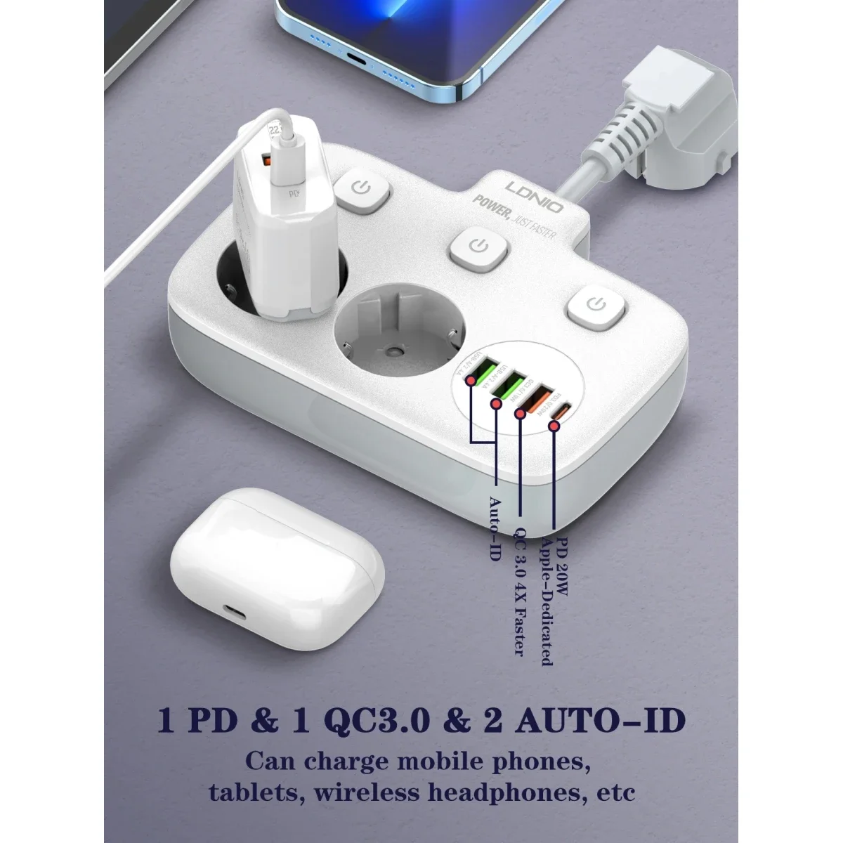 مشترك كهربائي محمول LDNIO SE2435 بمنفذين AC وشحن USB-C PD بقدرة 20W - أبيض - Thumbnail 6