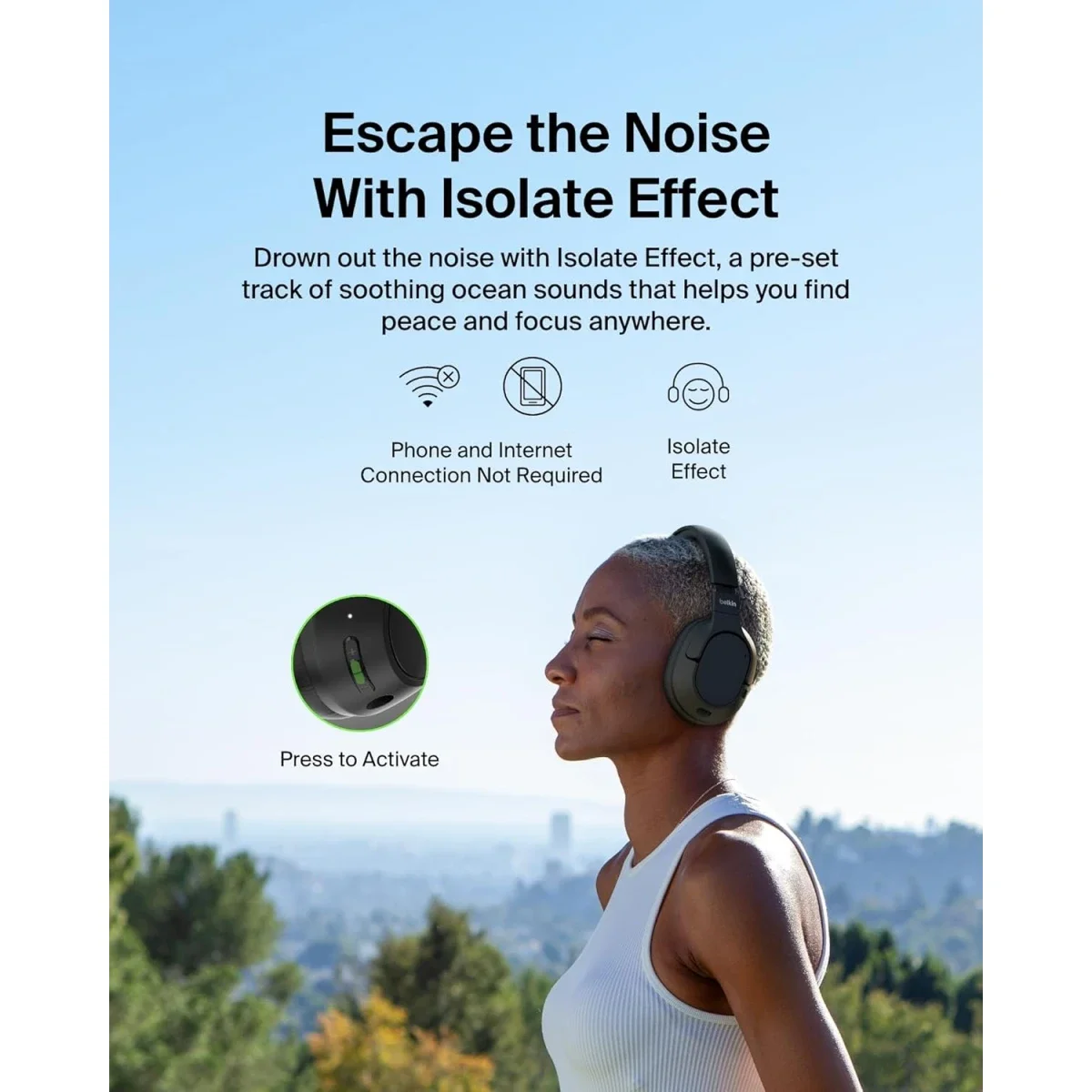 Belkin SoundForm Isolate Wireless Over-Ear ANC Headphones with Mic, Bluetooth 5.4, 60H Playtime, Black - Thumbnail 4