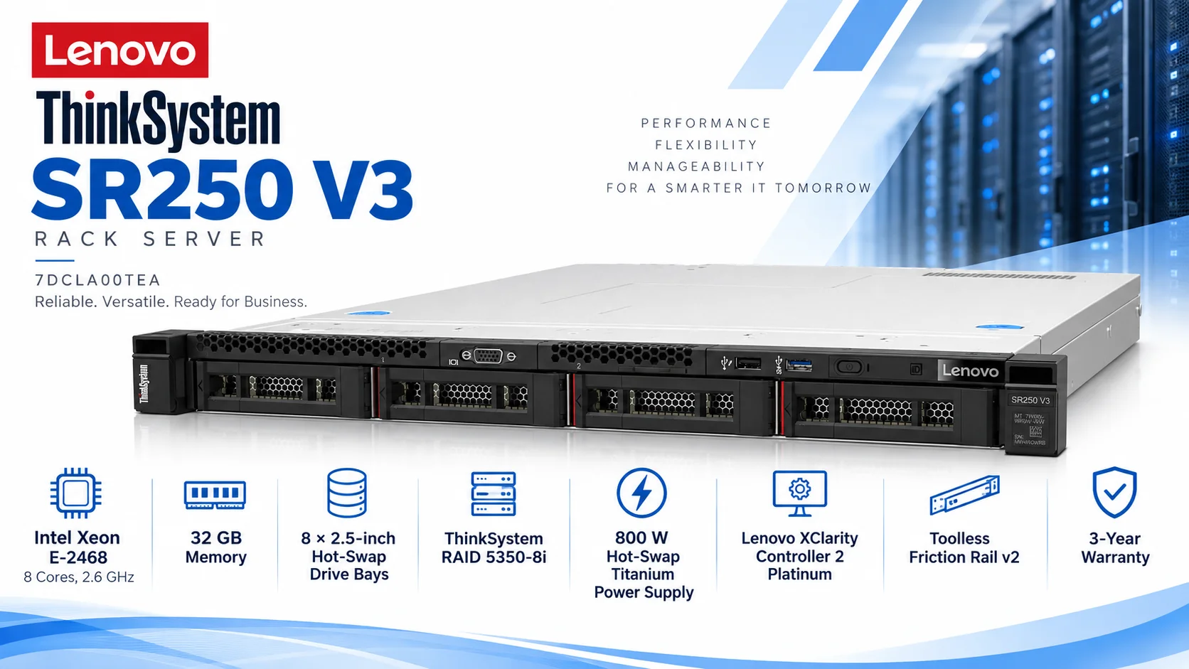 سيرفر راك Lenovo ThinkSystem SR250 V3 بمعالج Xeon E-2468 ثماني النواة حتى 5.2GHz، رام 32GB DDR4 ومزود طاقة 800W - Image 4