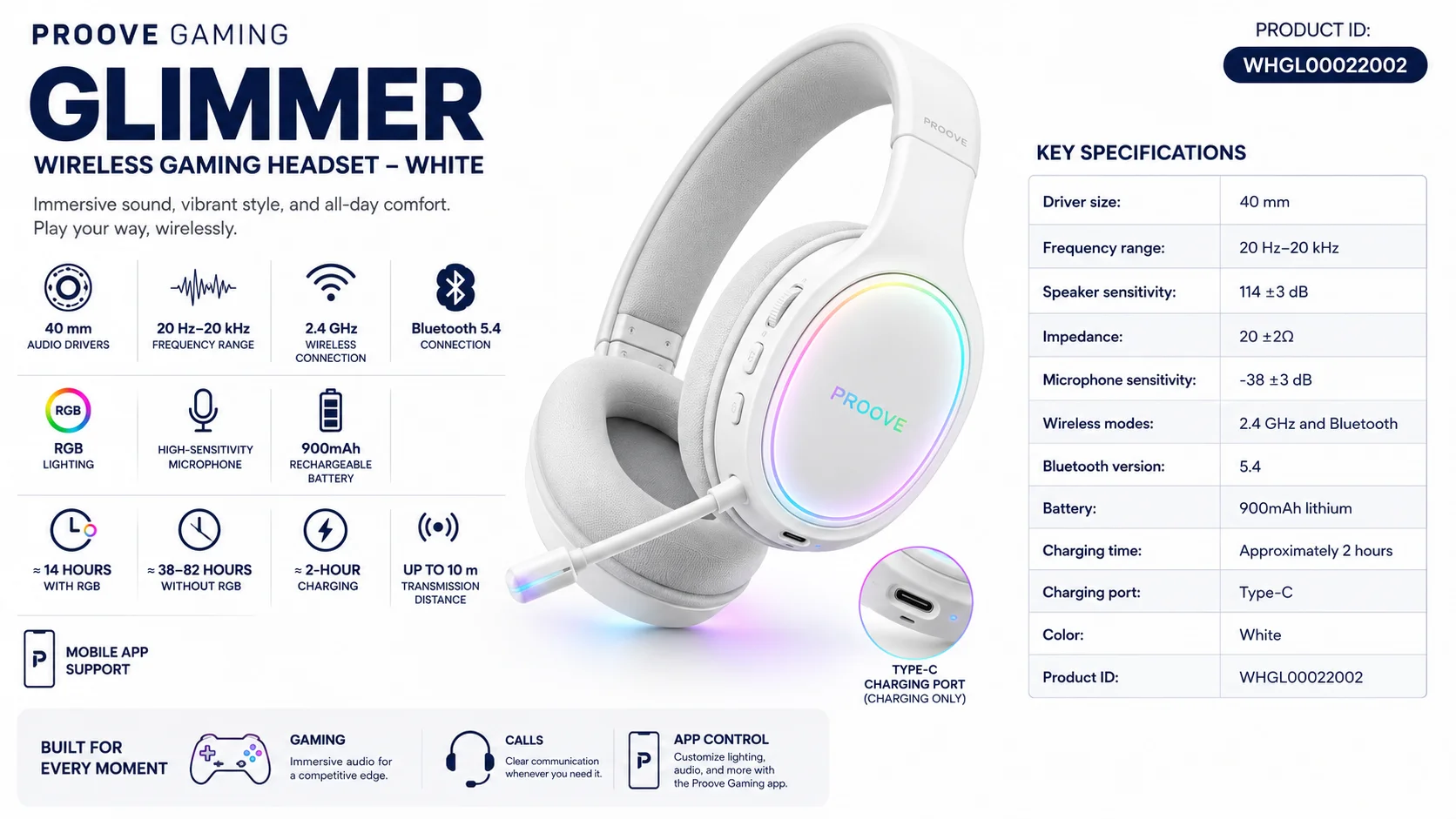 Proove Glimmer Dual-Wireless RGB Gaming Headset, White (WHGL00022002) - Thumbnail 7