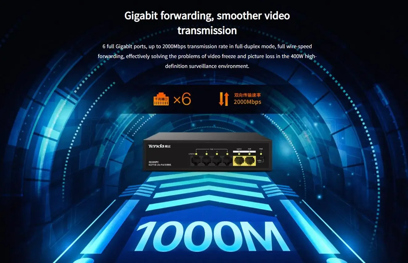 سويتش PoE جيجابت Tenda SG106PC 4 منافذ مع منفذي Uplink جيجابت، 45W، غير مدار - Image 8