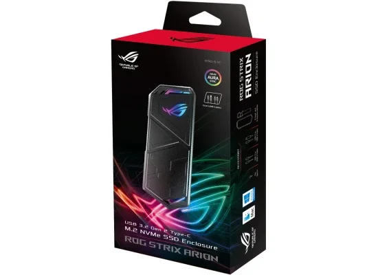 Asus ROG Strix Arion Aluminum M.2 NVMe SSD Enclosure, USB 3.2 Gen 2 Type-C, 10 Gbps, Protective Holder and Dual Cables