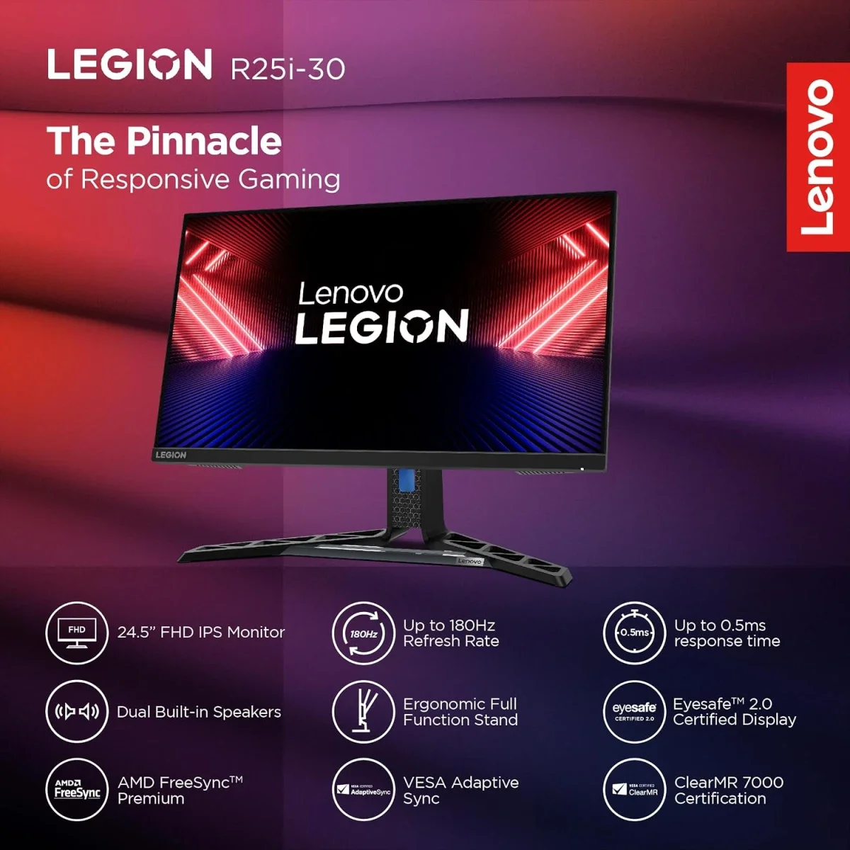 شاشة ألعاب Lenovo Legion R25i-30 مقاس 24.5 إنش FHD IPS بتردد 180 هرتز مع تعديل الارتفاع والميل والدوران الأفقي والعمودي - Image 3
