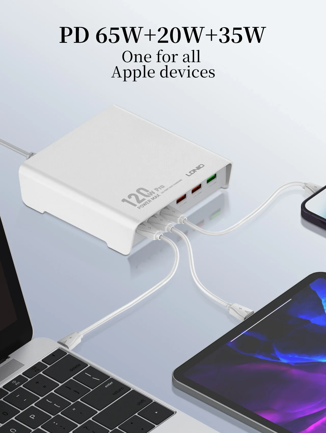 شاحن مكتبي سريع LDNIO Q605 بقدرة 120 واط و6 منافذ USB-C PD - أبيض - Thumbnail 9
