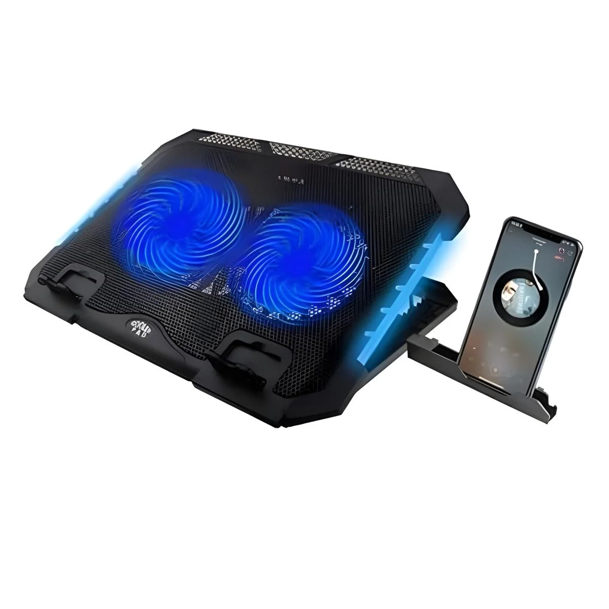قاعدة تبريد لابتوب للألعاب S900 مع حامل هاتف ومروحتي LED زرقاوين وإضاءة جانبية RGB