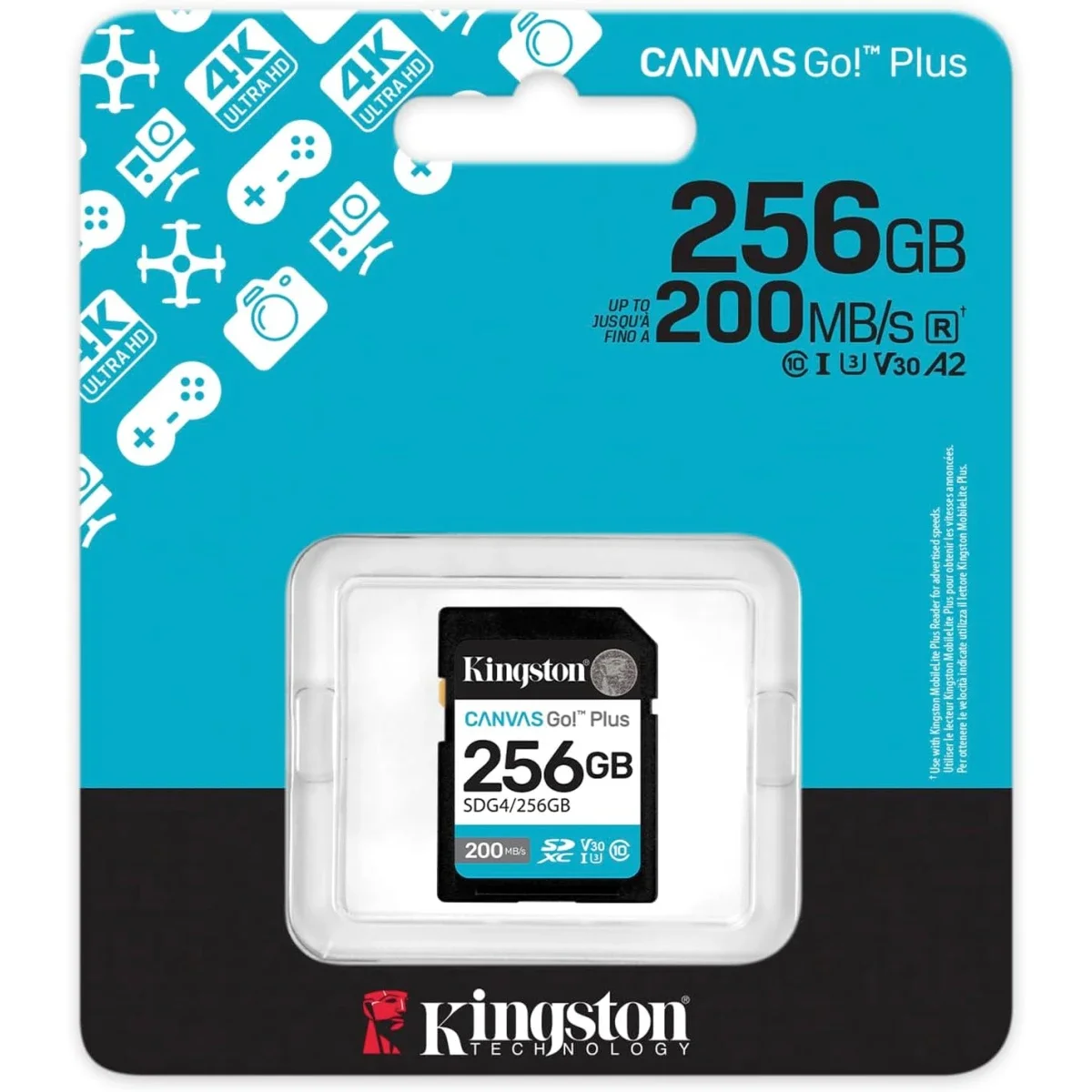 بطاقة ذاكرة SD Kingston Canvas Go! Plus سعة 256GB بسرعة تصل إلى 200MB/s Class 10 UHS-I U3 V30 - Image 1
