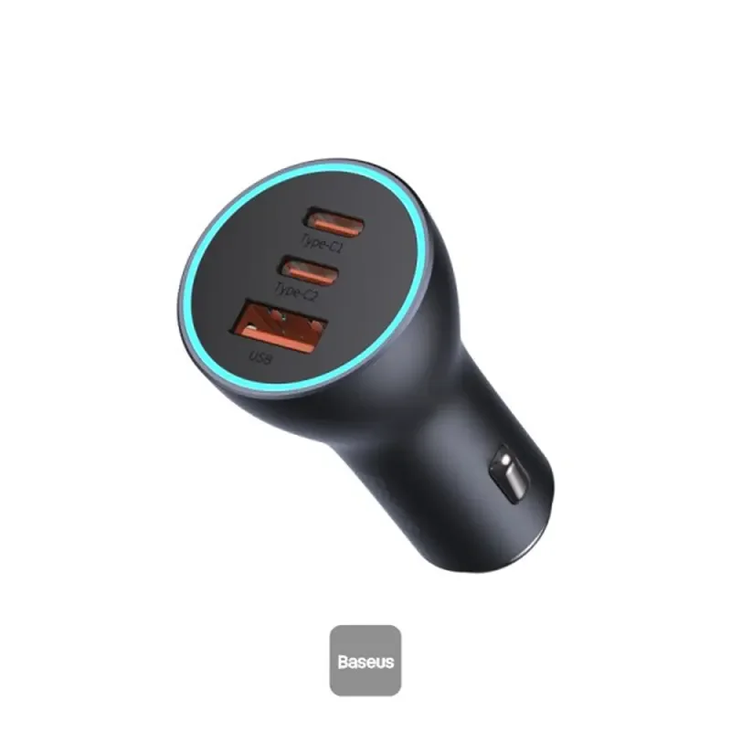 شاحن سيارة Baseus Golden Contactor Pro بقدرة 65W مع USB-A ومنفذين USB-C – رمادي داكن
