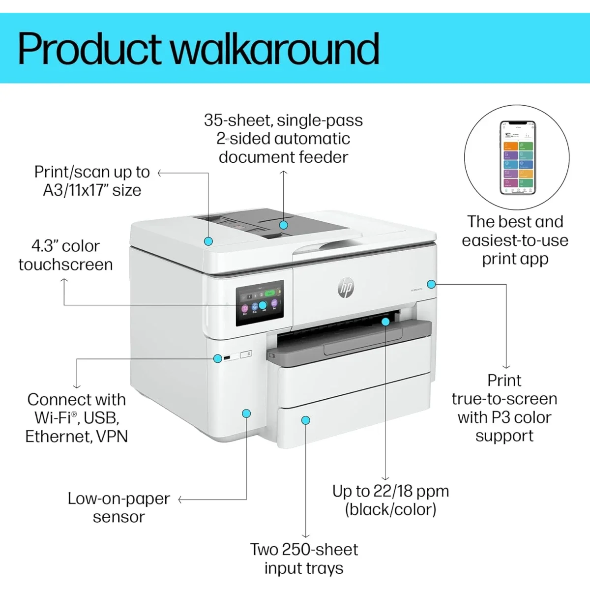 طابعة HP OfficeJet Pro 9730 الكل في واحد A3 ملونة نافثة للحبر مع اتصال لاسلكي وADF وطباعة على الوجهين - Thumbnail 3