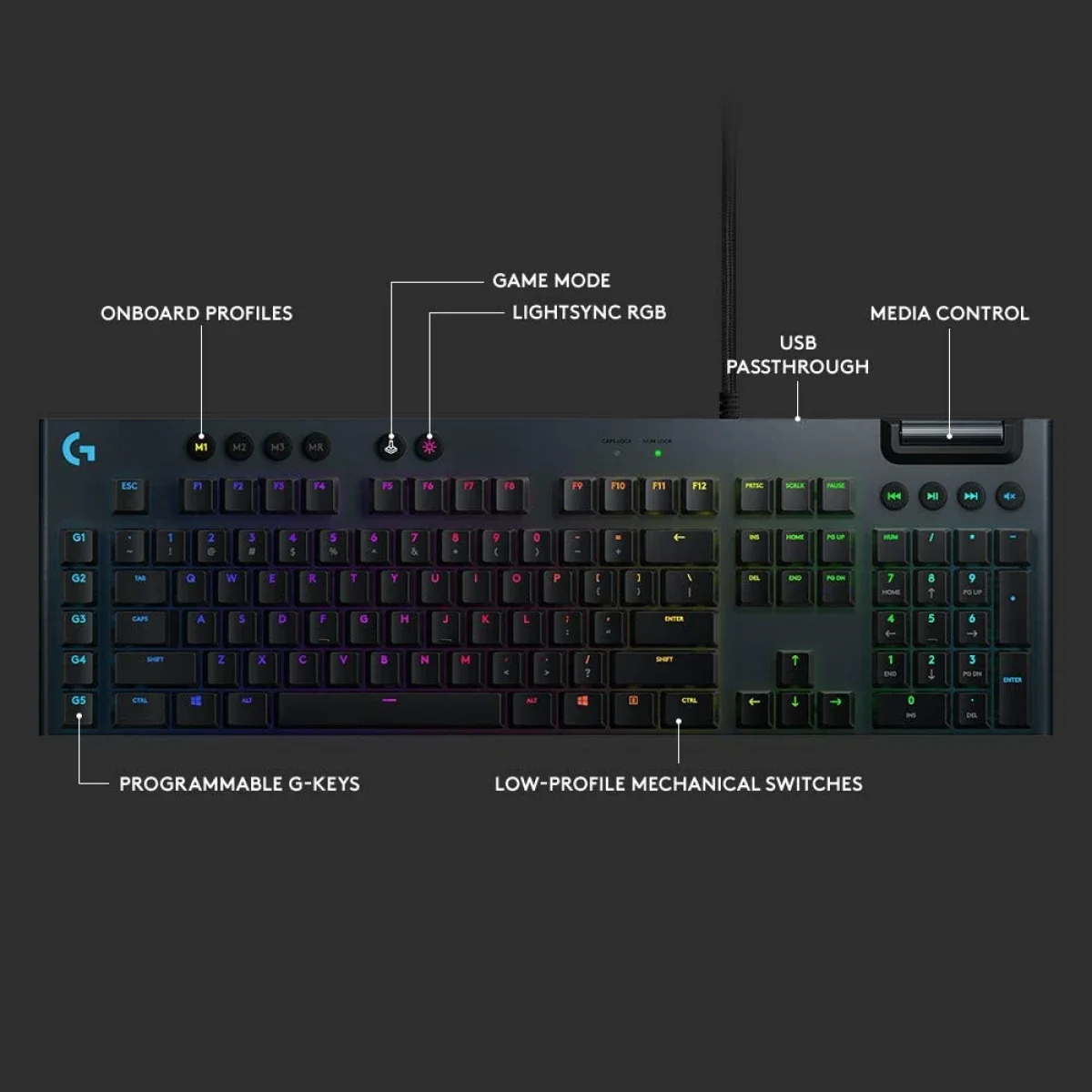 لوحة مفاتيح ألعاب Logitech G815 LIGHTSYNC RGB ميكانيكية منخفضة الارتفاع بمفاتيح GL Tactile وتخطيط إنجليزي أمريكي، أسود - Thumbnail 4