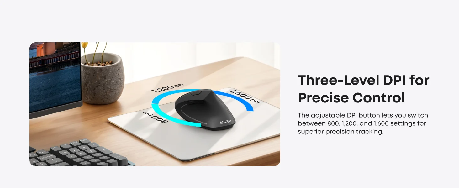Anker 2.4GHz Wireless Vertical Ergonomic Optical Mouse, 800/1200/1600 DPI, Black - Thumbnail 11