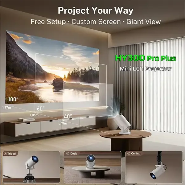 بروجكتر ميني HY300 Pro Plus بتقنية LCD، دقة 720p، Wi-Fi وبلوتوث وبث الشاشة، HDMI-in، تخزين 8GB ورام 1GB، Android 14 (X1BR) - Image 3
