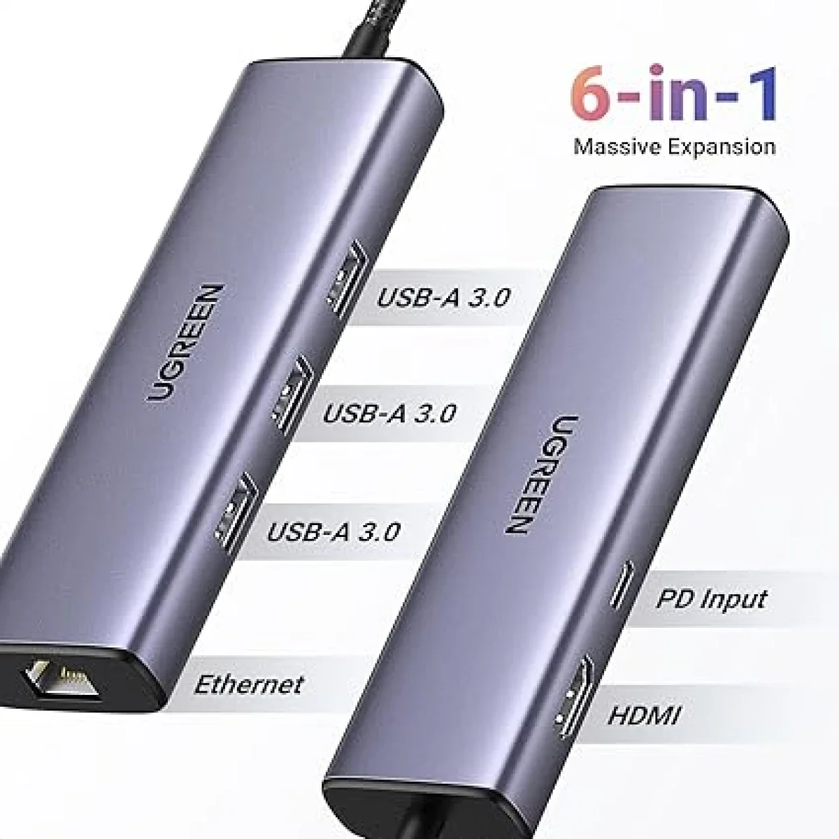 محول Ugreen 45000 USB-C 6 في 1 مع HDMI وUSB-A وRJ45 وPD