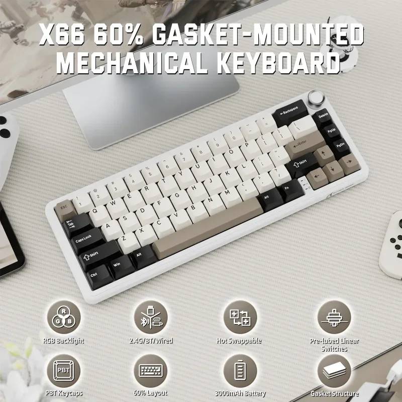 كيبورد ATTACK SHARK X66 ميكانيكي لاسلكي بمفاتيح PBT بطباعة جانبية وسويتش Blueberry – لون Cheese - Image 7