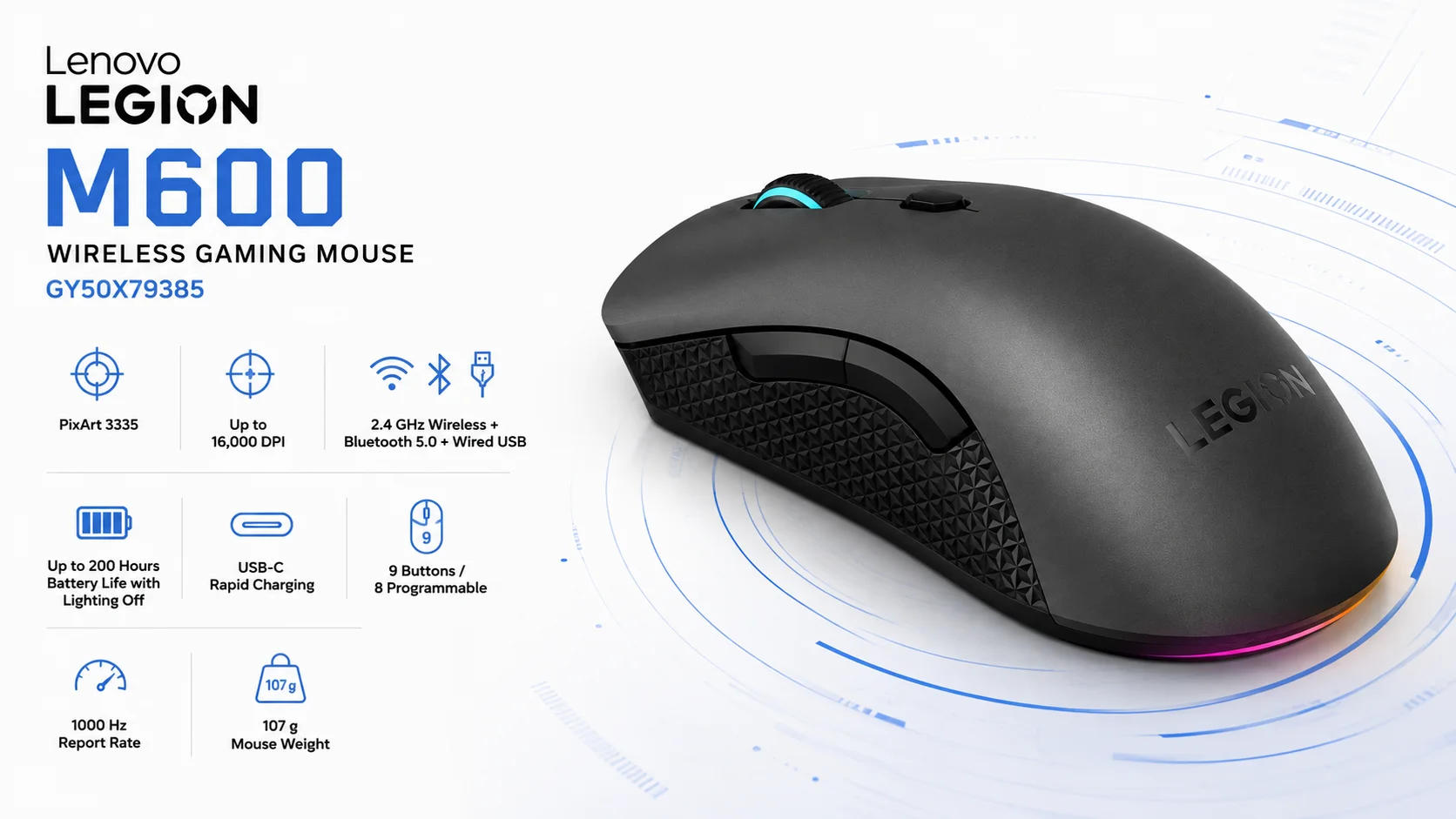 Lenovo Legion M600 Wireless Gaming Mouse - Iron Grey and Black - Image 11