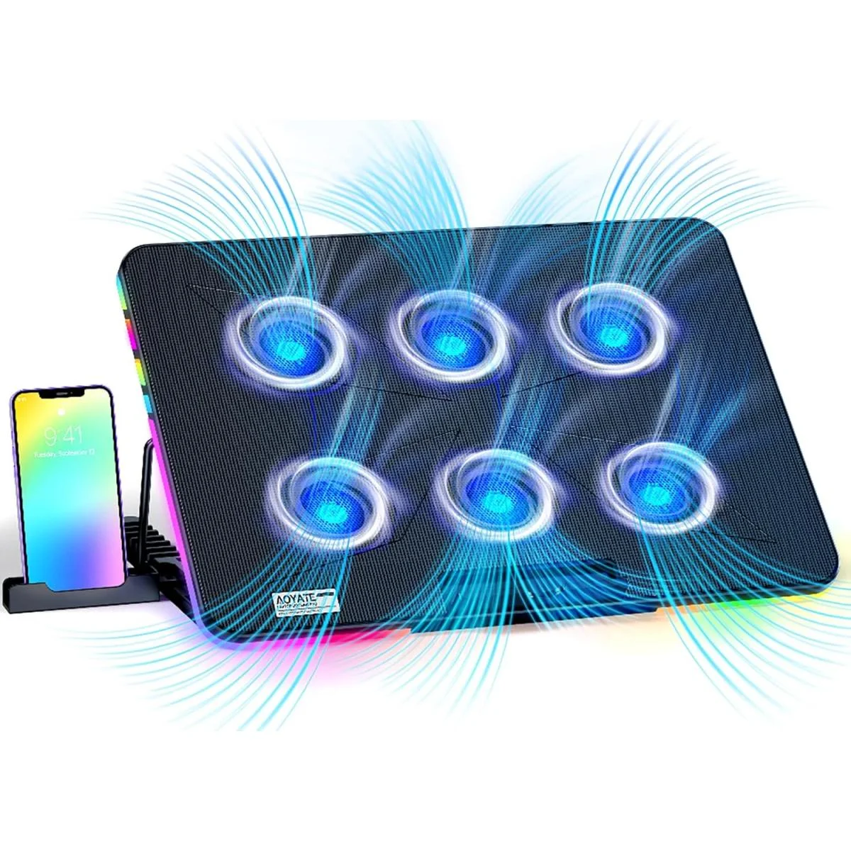 قاعدة تبريد لابتوب Aoyatec X8 سوداء مع 6 مراوح LED RGB لأجهزة 12-17 إنش - Image 2