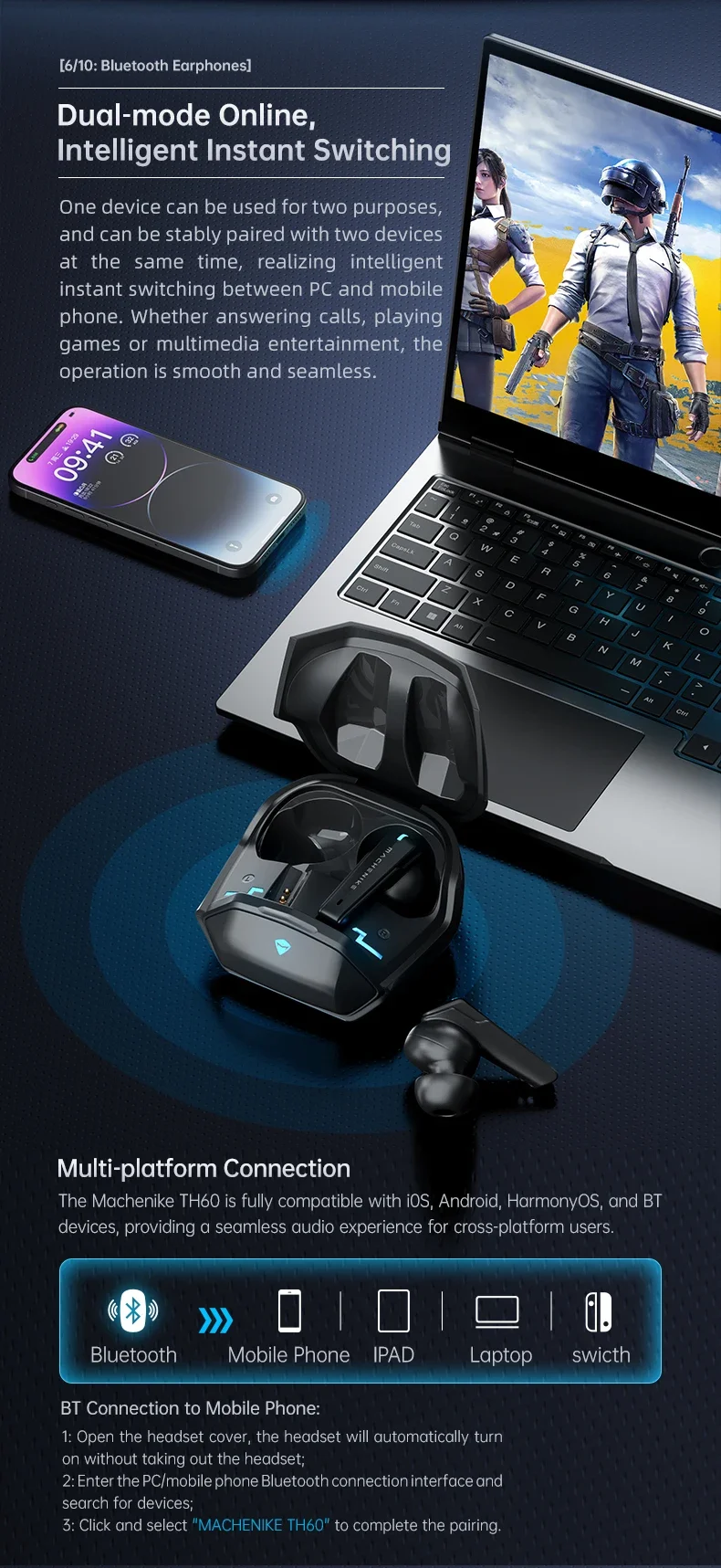 سماعات أذن لاسلكية MACHENIKE TH60 TWS بلوتوث 5.4 مع 4 ميكروفونات ENC أبيض - Image 16