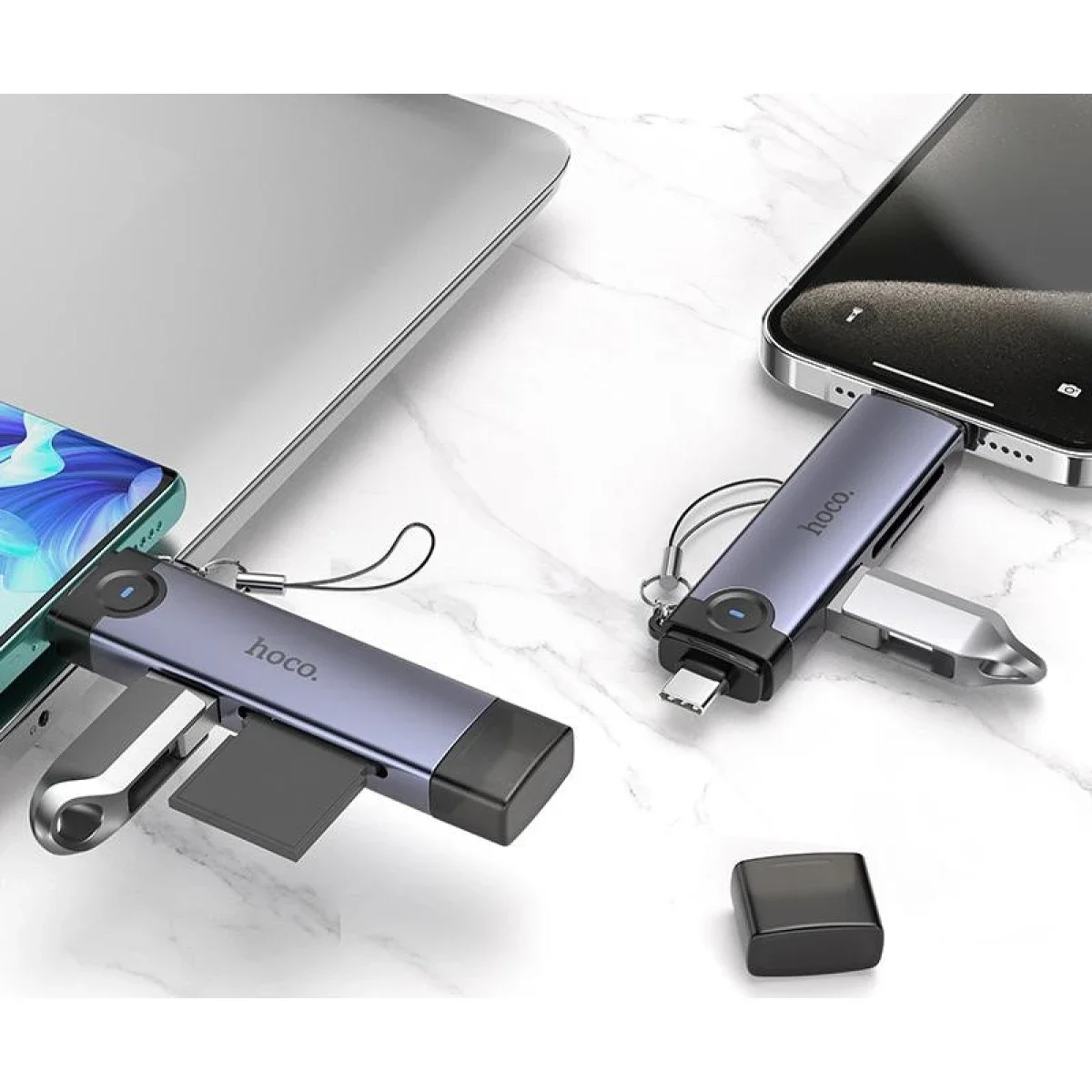 قارئ بطاقات OTG HOCO HB56B بمنفذي USB-C وLightning لبطاقات SD وTF وUSB - رمادي داكن