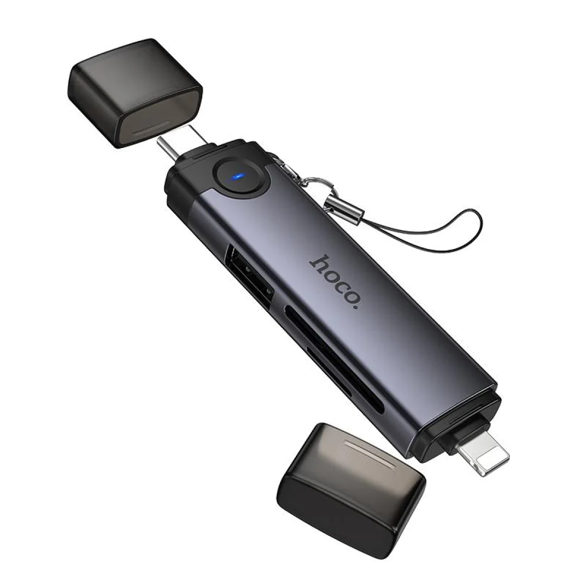 قارئ بطاقات OTG HOCO HB56B بمنفذي USB-C وLightning لبطاقات SD وTF وUSB - رمادي داكن - Image 3