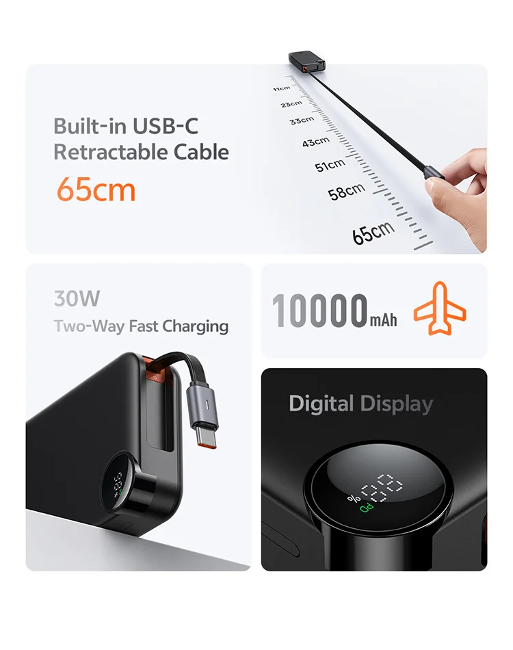 باور بانك Mcdodo MC-3870 بسعة 10000mAh وقدرة 30W مع كابل قابل للسحب وشاشة رقمية - أسود - Thumbnail 9