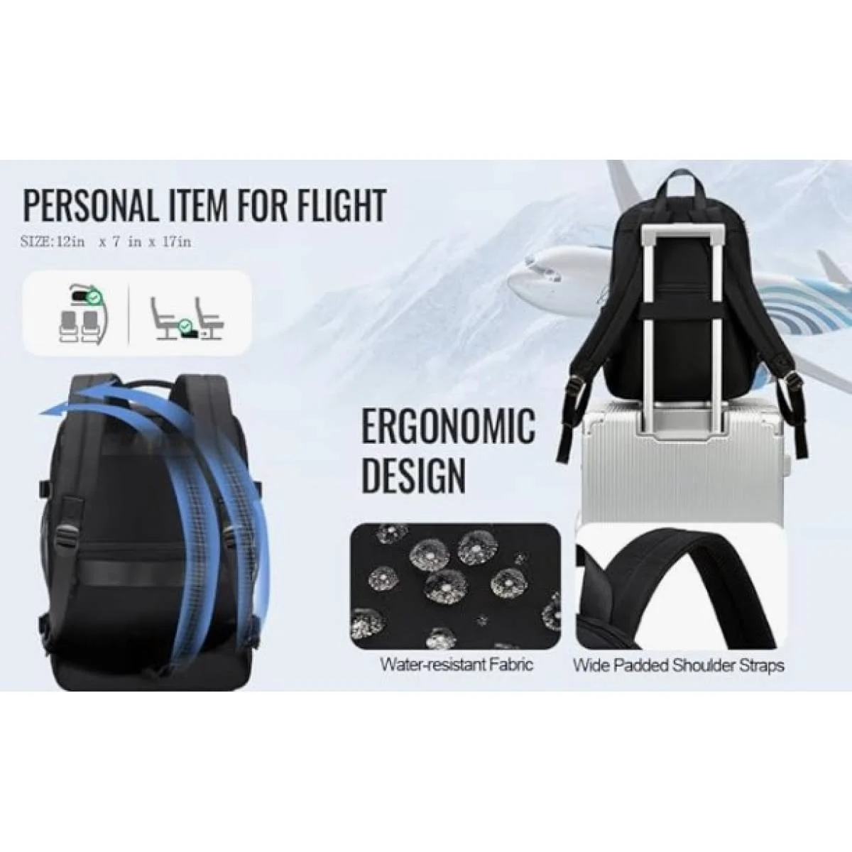 حقيبة ظهر سفر متوسطة DTBG D-8902W للحمل على الطائرة تناسب لابتوب حتى 17.3 إنش - أسود - Thumbnail 4