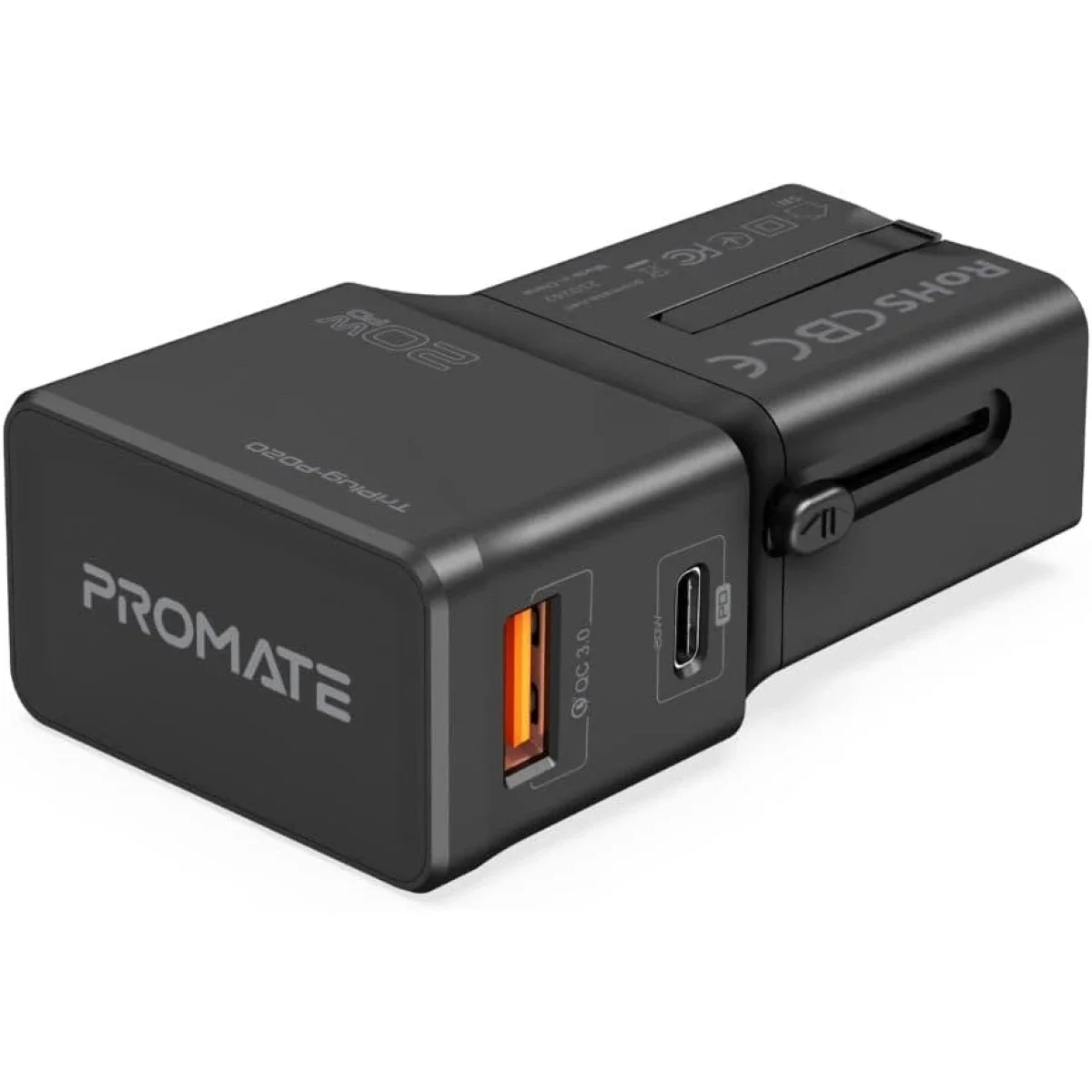 محول سفر عالمي Promate TriPlug-PD20 بقدره 20 واط مع QC 3.0 ومقبس US/UK/EU/AU - اسود
