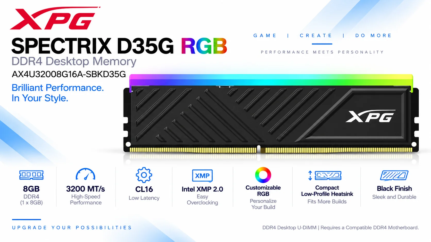 رام مكتبي ADATA XPG SPECTRIX D35G RGB بسعة 8GB DDR4-3200 CL16 – أسود - Thumbnail 4