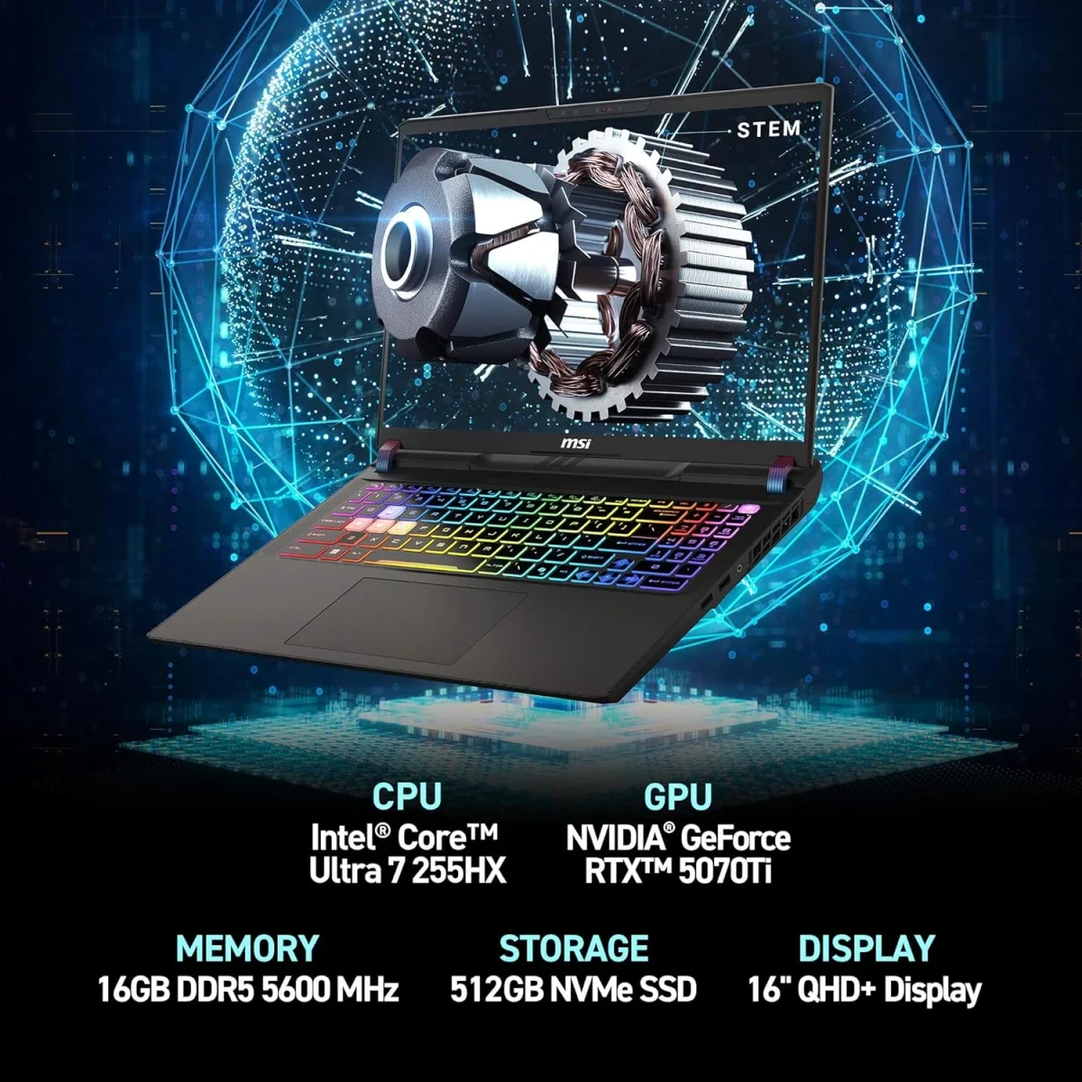MSI Vector 16 HX AI (2025) A2XWHG Gaming Laptop Intel Core Ultra 7 255HX, RTX 5070 Ti, 16.0-inch 2.5K 240Hz IPS, 16GB RAM, 512GB SSD, Cosmos Gray - Thumbnail 2