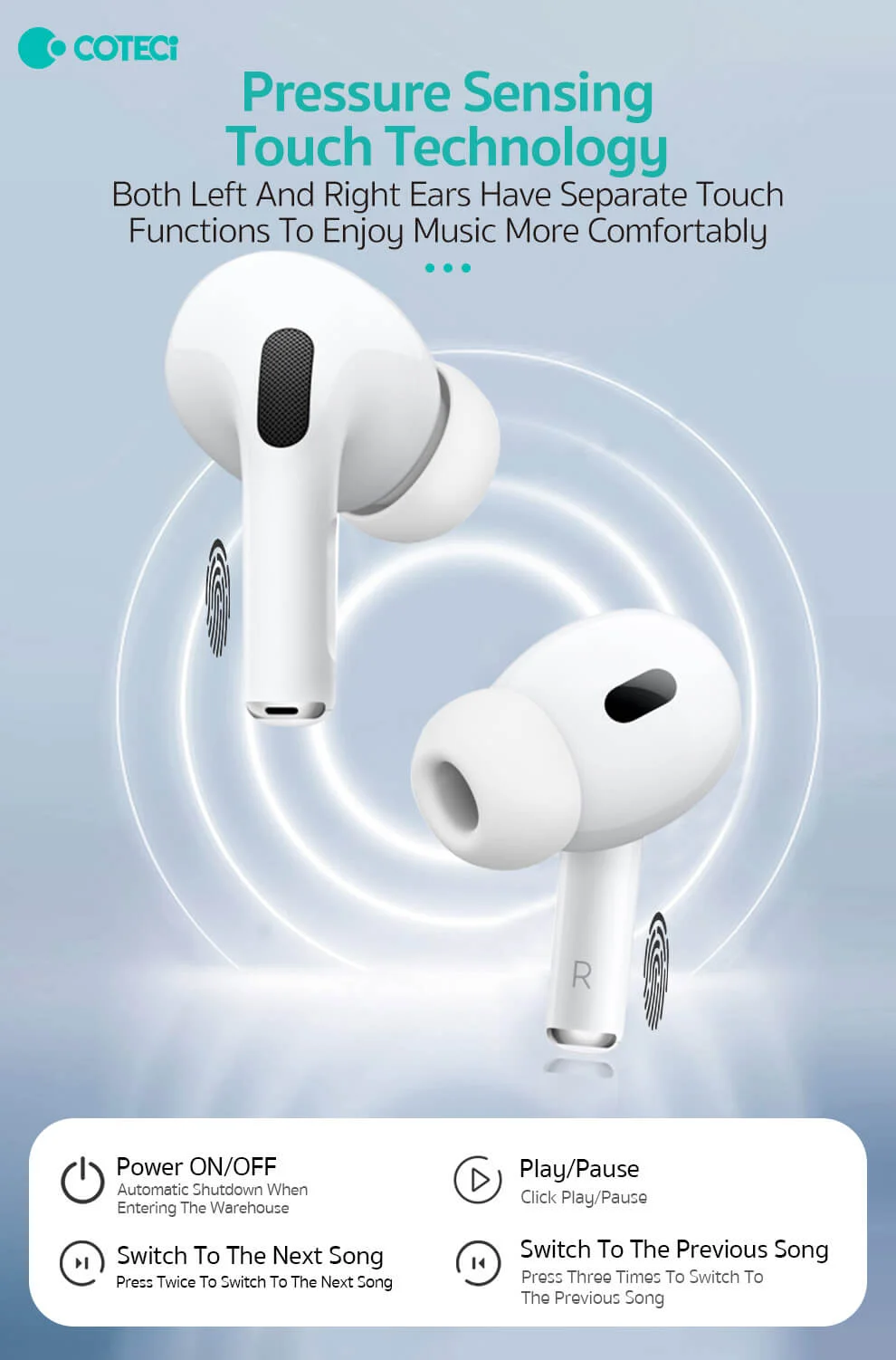 سماعات أذن Coteci Smart Pods Pro2 بلوتوث عازلة للضوضاء مع شحن Type-C، أبيض - Thumbnail 5