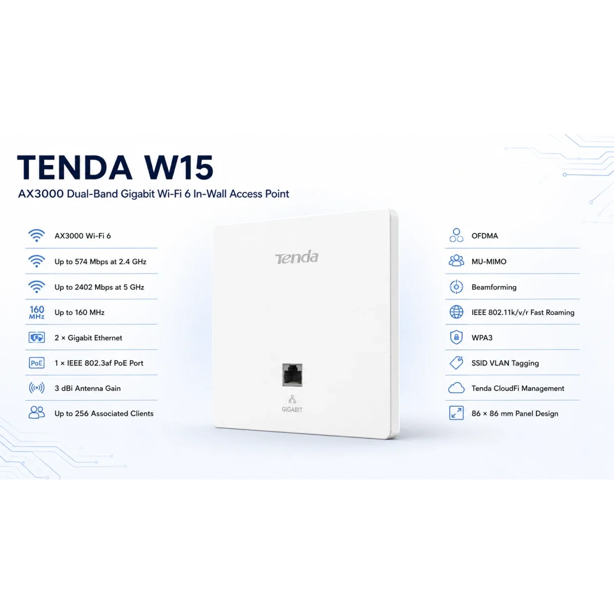 Tenda W15 AX3000 Dual-Band Wi-Fi 6 Gigabit In-Wall Access Point - Thumbnail 5