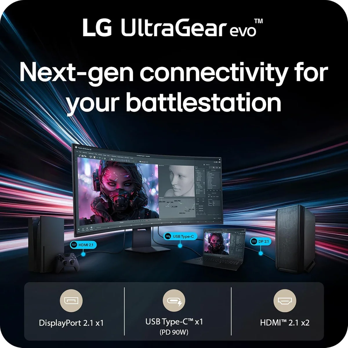 شاشة ألعاب LG 52G930B-B UltraGear evo G9 مقاس 52 إنش 5K بتردد 240 هرتز واستجابة 1 مللي ثانية، منحنية 1000R، FreeSync Premium، DisplayHDR 600، DP 2.1، HDMI 2.1، USB-C بقدرة 90 واط PD، حامل قابل للتعديل - Thumbnail 3