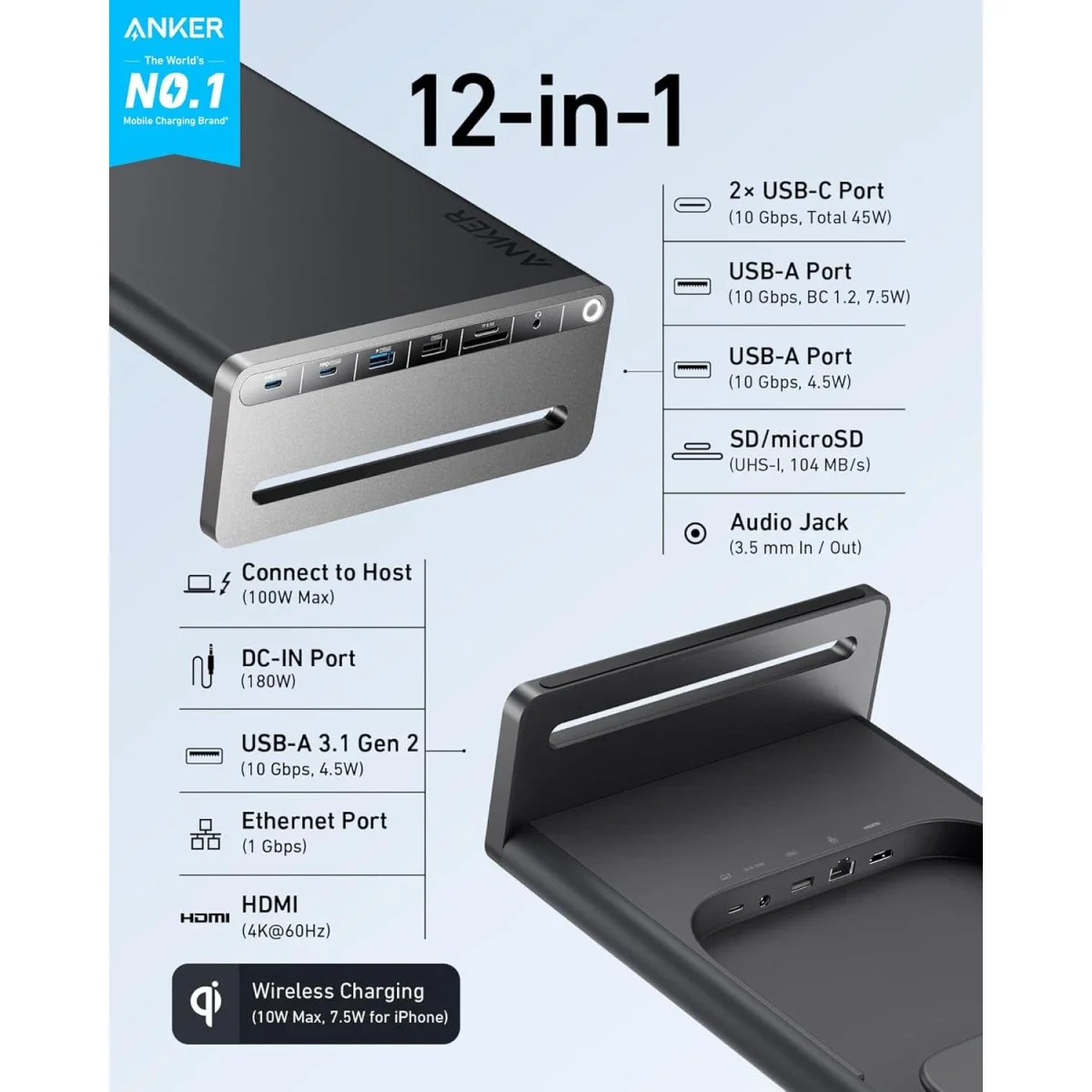قاعدة للشاشة مع مجموعة واسعة من المنافذ USB-C من Anker 675 12 ولوحة شحن لاسلكي - Image 2