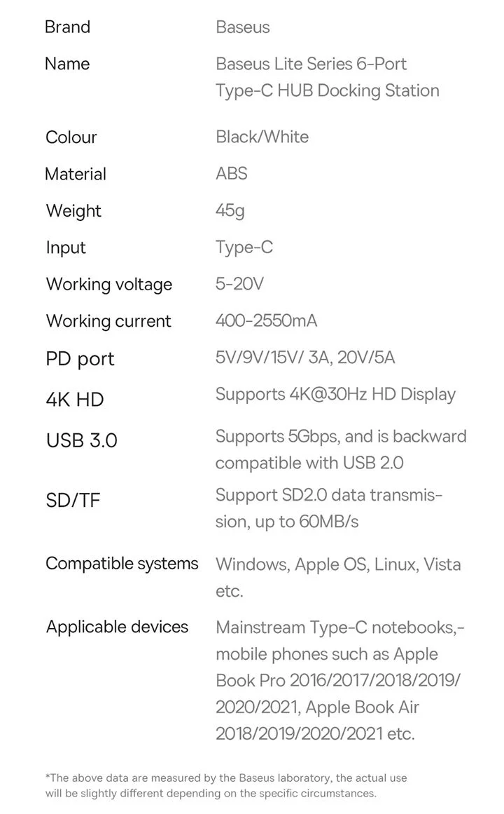 محطة إرساء وموزع Type-C Baseus Lite Series 6 منافذ HDMI وUSB 3.0 وPD وSD/TF باللون الأسود - Image 31