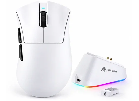 ماوس ألعاب ATTACK SHARK V3 PRO لاسلكي ثلاثي الوضع أبيض مع قاعدة شحن RGB