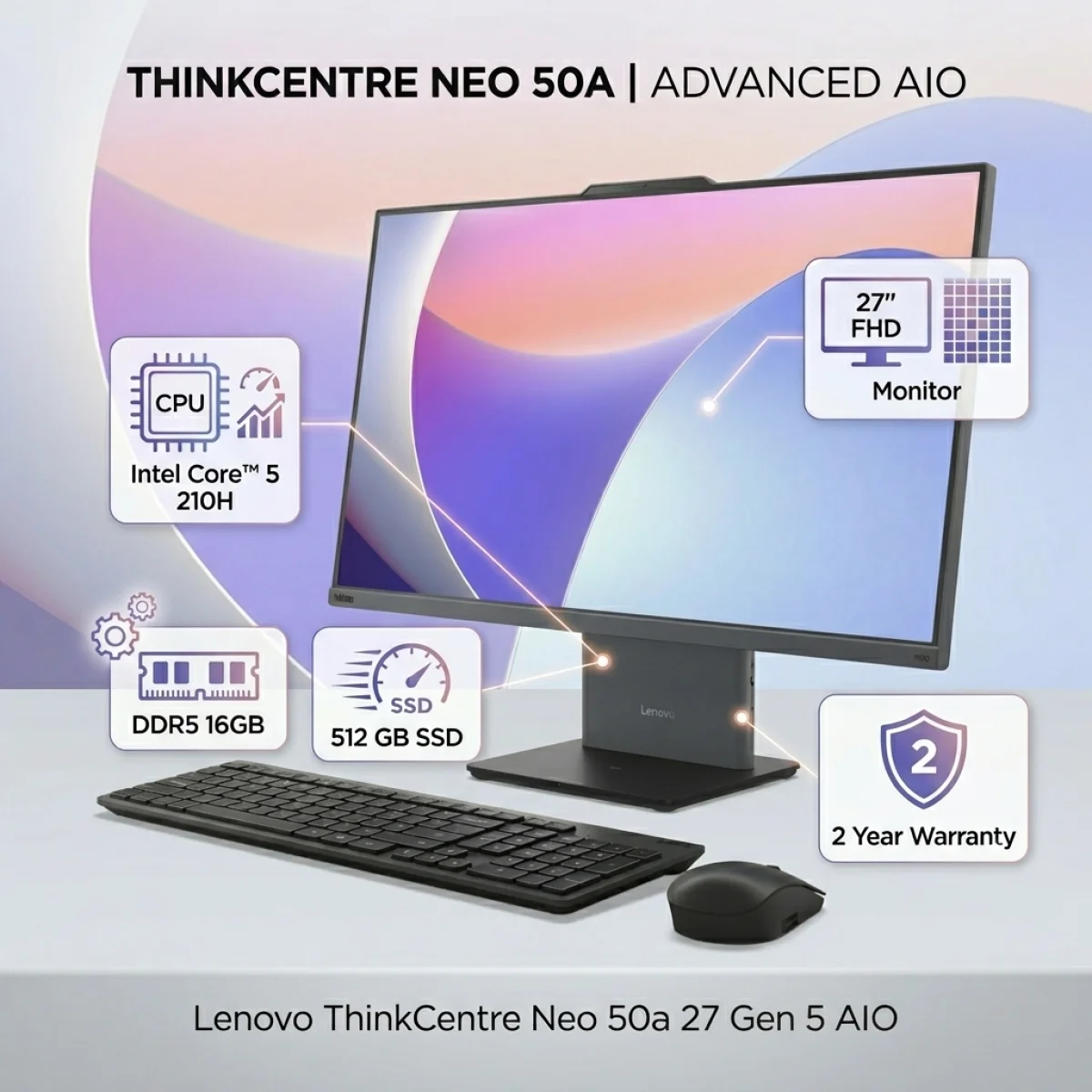 كمبيوتر الكل في واحد Lenovo ThinkCentre Neo 50a 27 Gen 5 بمعالج Intel Core 5 210H، رام 16GB، SSD 512GB، شاشة 27 إنش FHD، Luna Grey