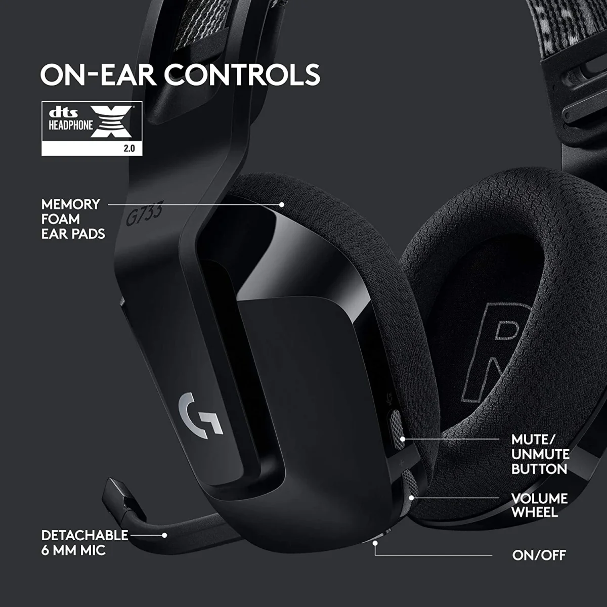 سماعة ألعاب Logitech G733 لاسلكية بتقنية LIGHTSPEED وإضاءة LIGHTSYNC RGB وميكروفون Blue VO!CE، أسود - Thumbnail 6