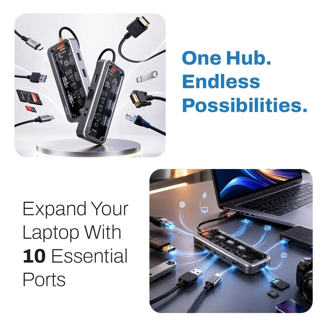 10-in-1 USB-C Hub Docking Station, HDMI 4K@30Hz, 100W Type-C PD, RJ45 Ethernet - Image 3