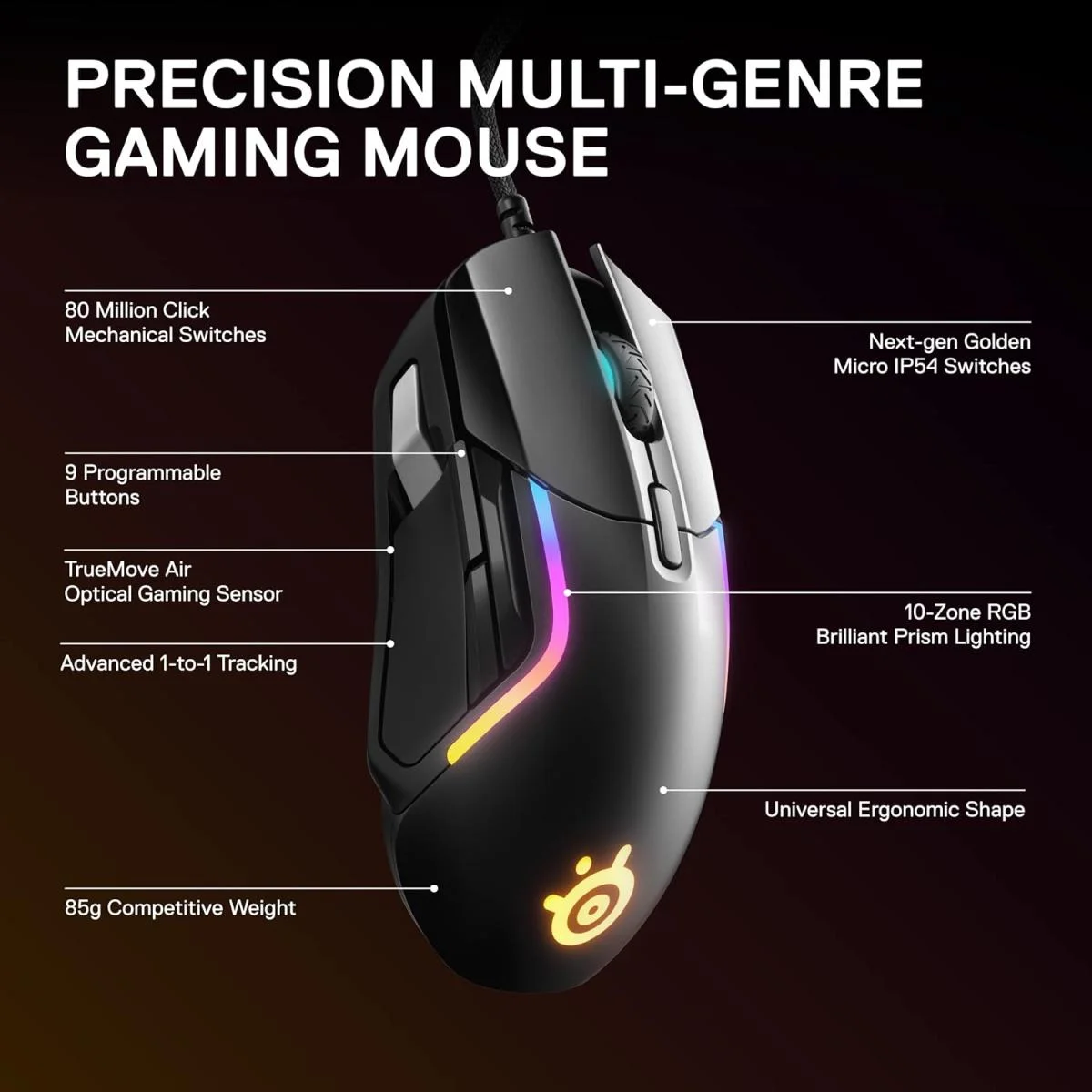 SteelSeries Rival 5 Wired Gaming Mouse with Prism RGB, 18000 CPI - Image 2