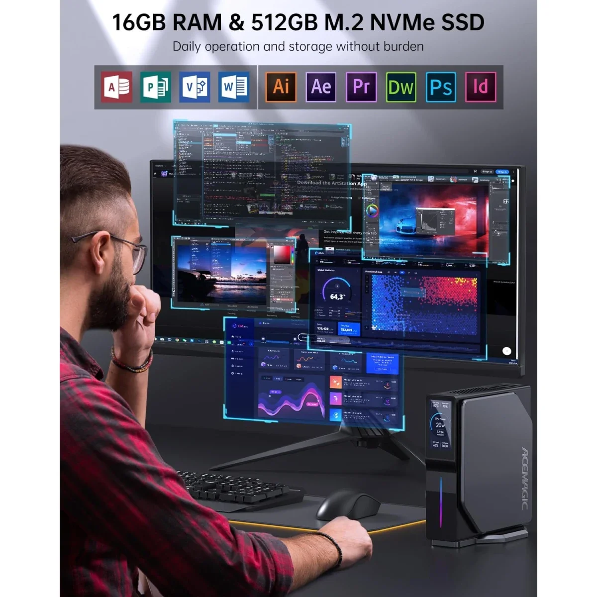 كمبيوتر صغير ACEMAGIC S1 Barebone بمعالج Intel N95 رباعي النواة ودعم عرض مزدوج 4K ومنفذي LAN لون أسود - Thumbnail 5