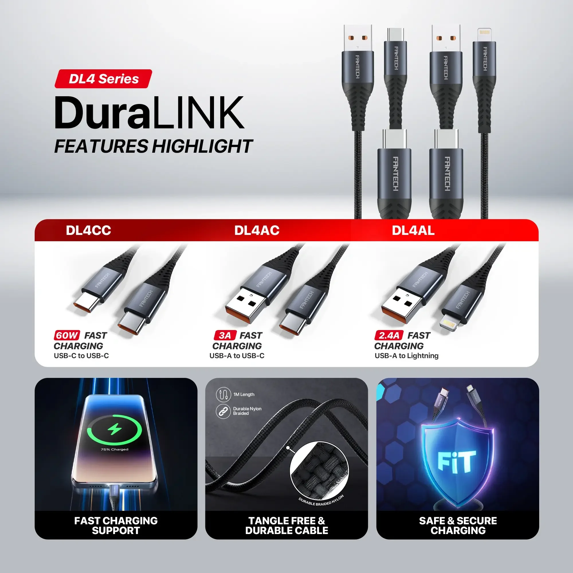 كيبل شحن ونقل بيانات Fantech DL4CC DuraLink سريع USB-C إلى USB-C بقدرة 60W - Thumbnail 4