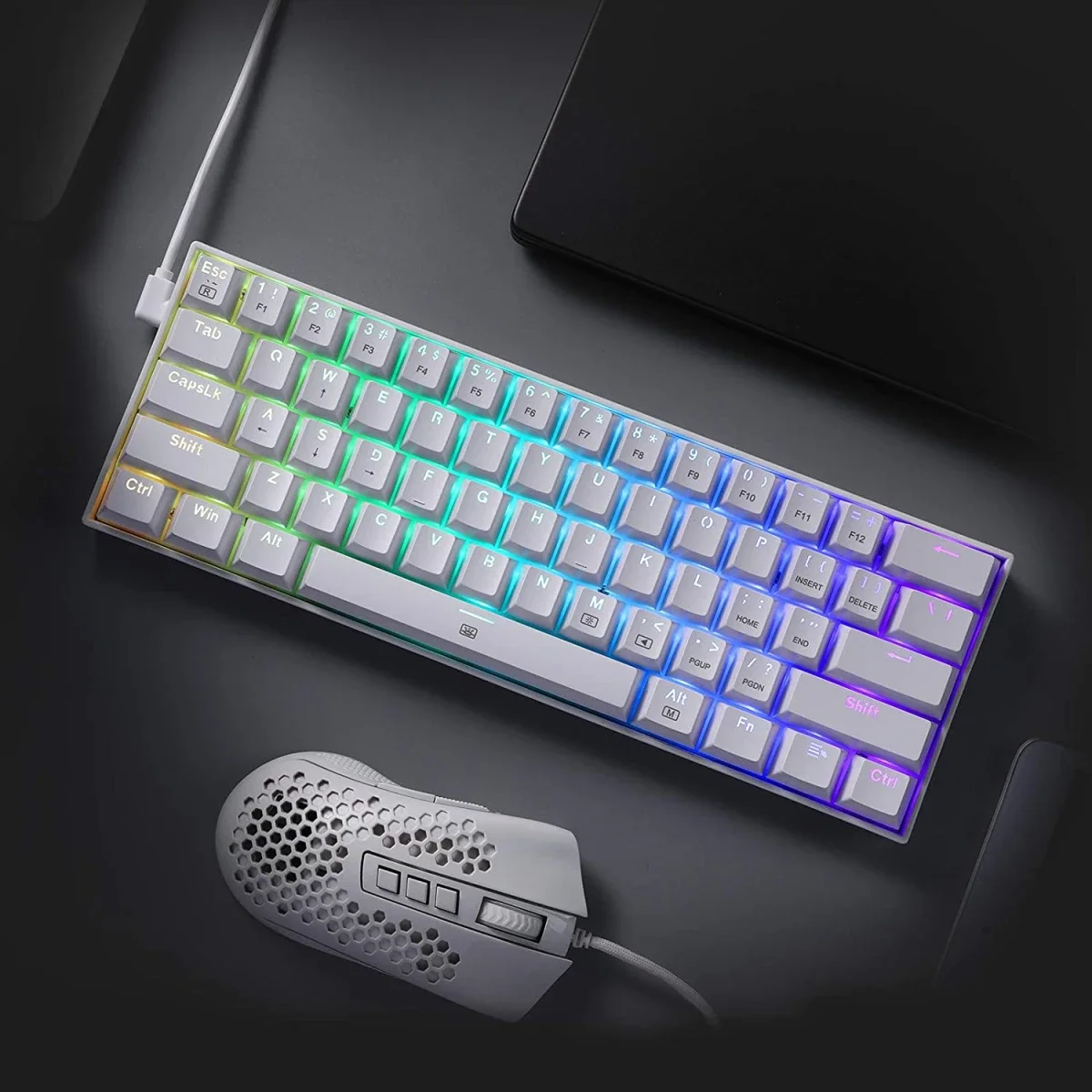 كيبورد ألعاب ميكانيكي Redragon K630 Dragonborn سلكي RGB بنسبة 60%، 61 مفتاح، سويتش أزرق خطي، أبيض - Thumbnail 2