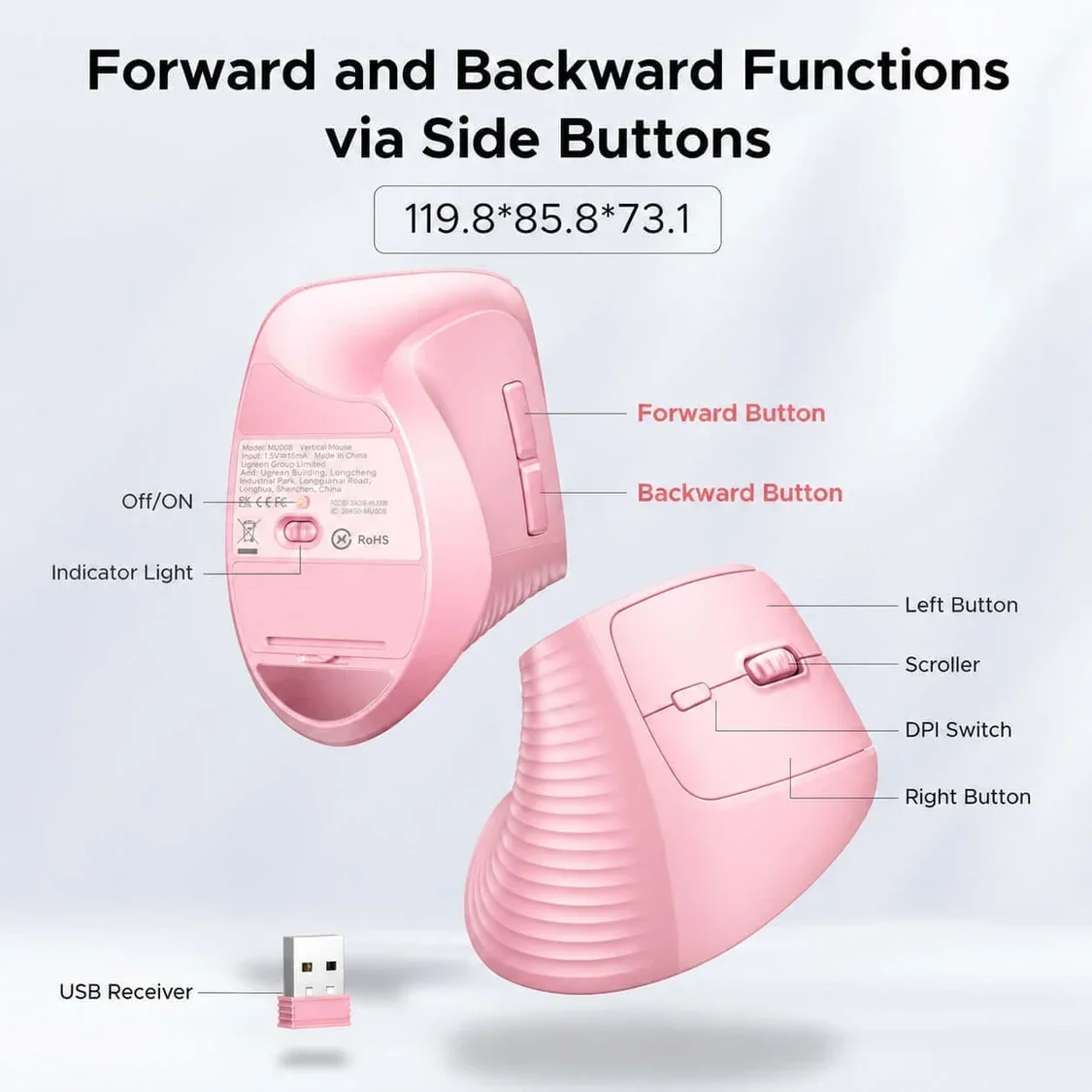 Ugreen 65666 Ergonomic Vertical Wireless Mouse, Bluetooth & 2.4G, 4000 DPI, Pink - Thumbnail 4